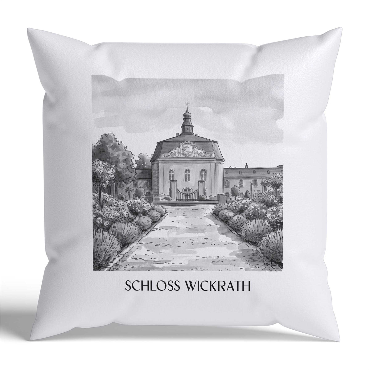 schloss-wickrath-möchengladbach-deutschland-kissenbezug-aquarell-schwarz-weiss