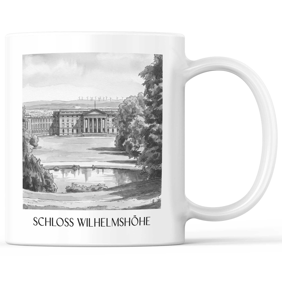 schloss-wilhelmshöhe-kassel-deutschland-kaffeebecher-aquarell-schwarz-weiss