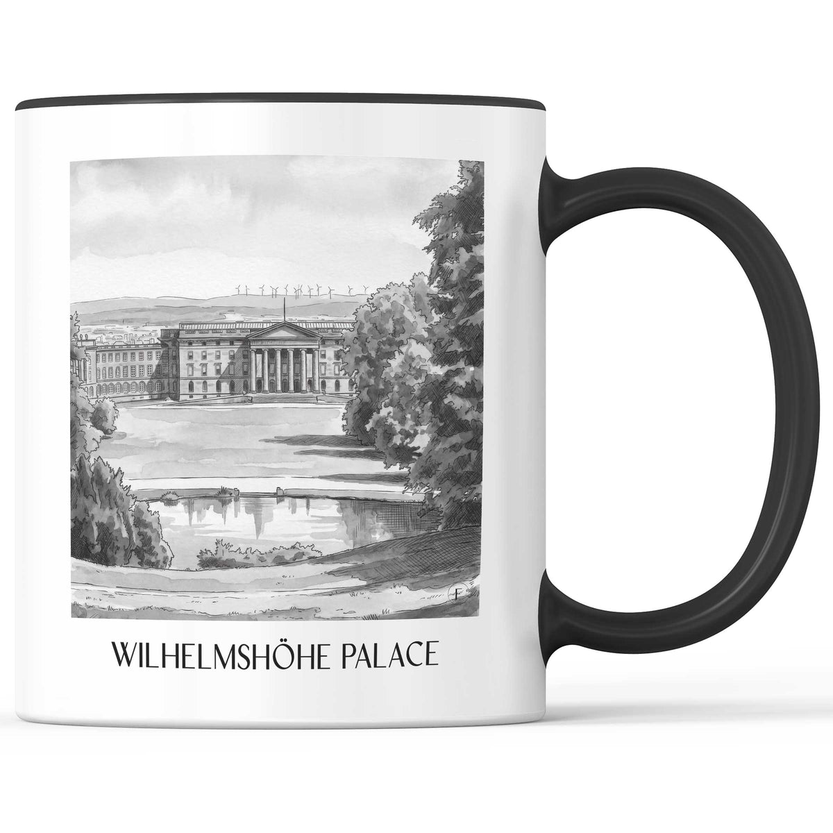 Schloss Wilhelmshöhe Kaffeebecher - Kassel - Deutschland Becher - Kaffeetasse im Aquarell Schwarz-Weiß Stil - favplace
