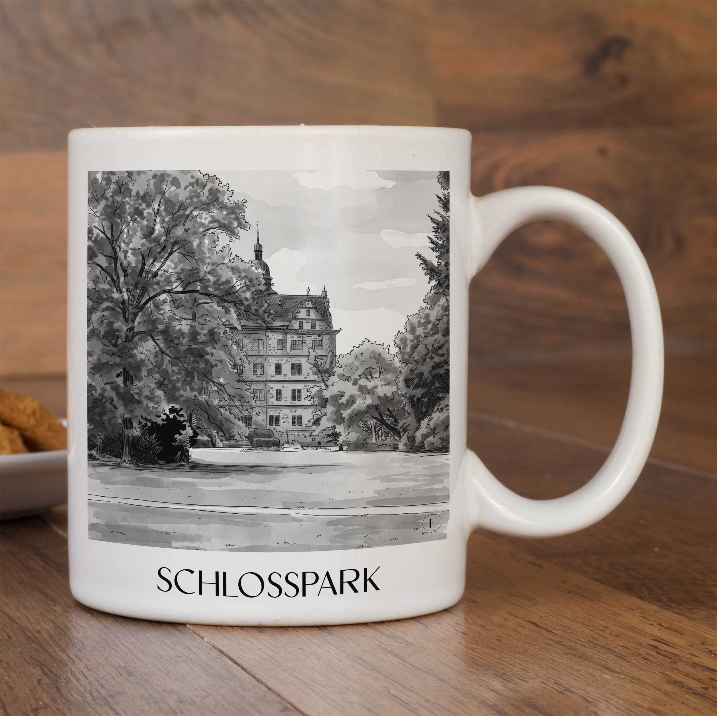 schlosspark-wolfsburg-deutschland-kaffeebecher-aquarell-schwarz-weiss