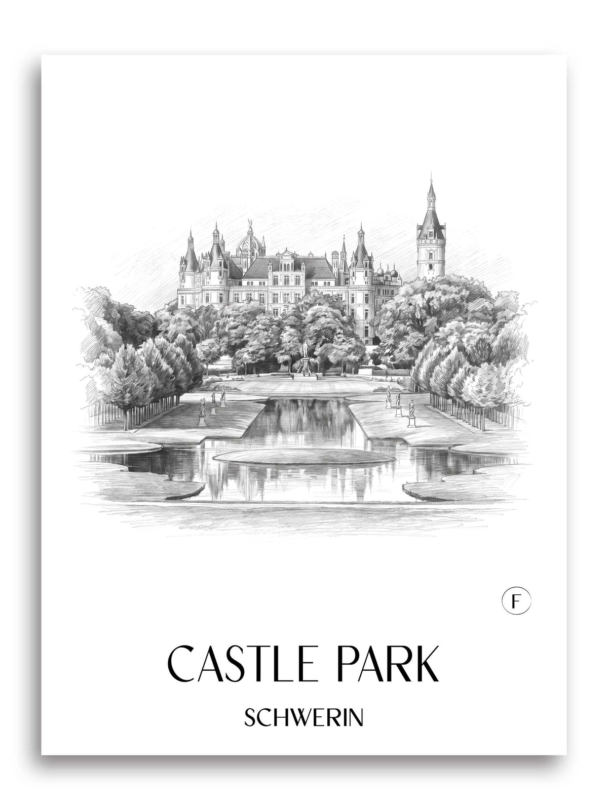 Schlosspark Poster - Schwerin - Deutschland Kunstdruck - Zeichnung von A4 bis A1 - favplace