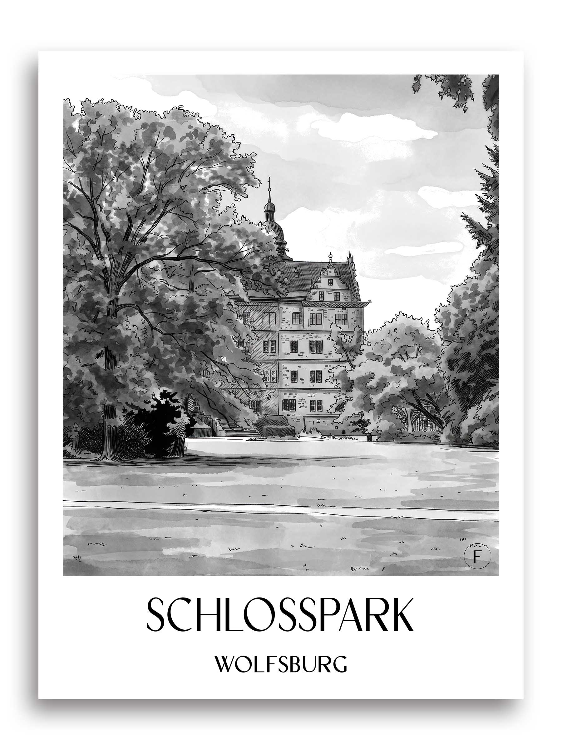 schlosspark-wolfsburg-deutschland-poster-aquarell-schwarz-weiss