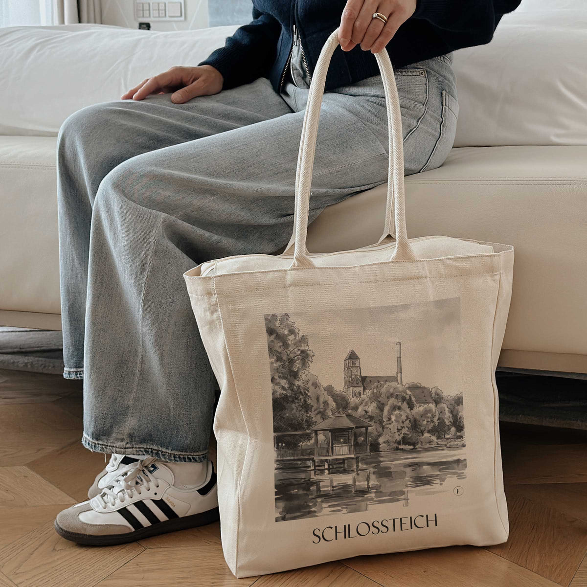 schlossteich-chemnitz-deutschland-einkaufstasche-aquarell-schwarz-weiss