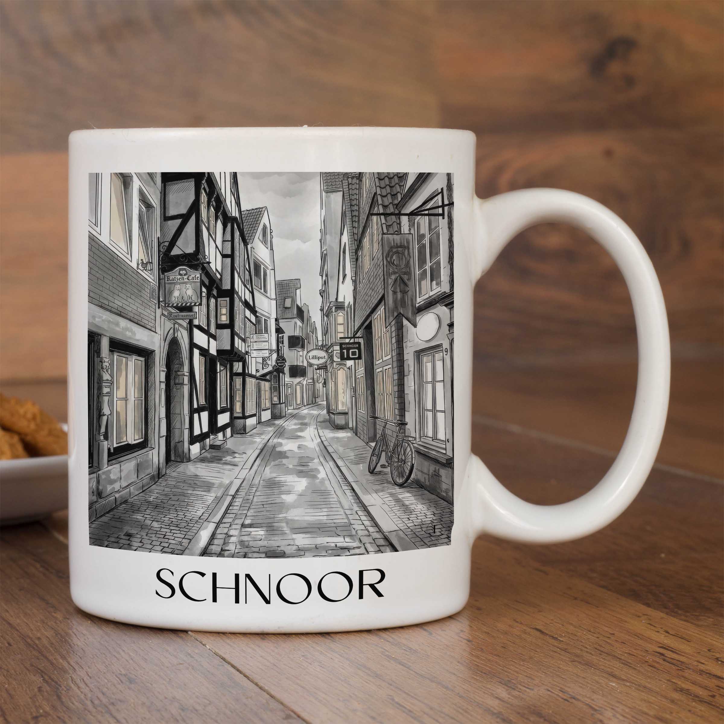 schnoor-bremen-deutschland-kaffeebecher-aquarell-schwarz-weiss