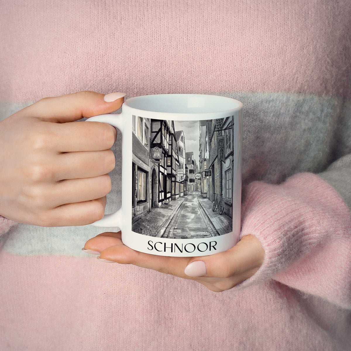 schnoor-bremen-deutschland-kaffeebecher-aquarell-schwarz-weiss
