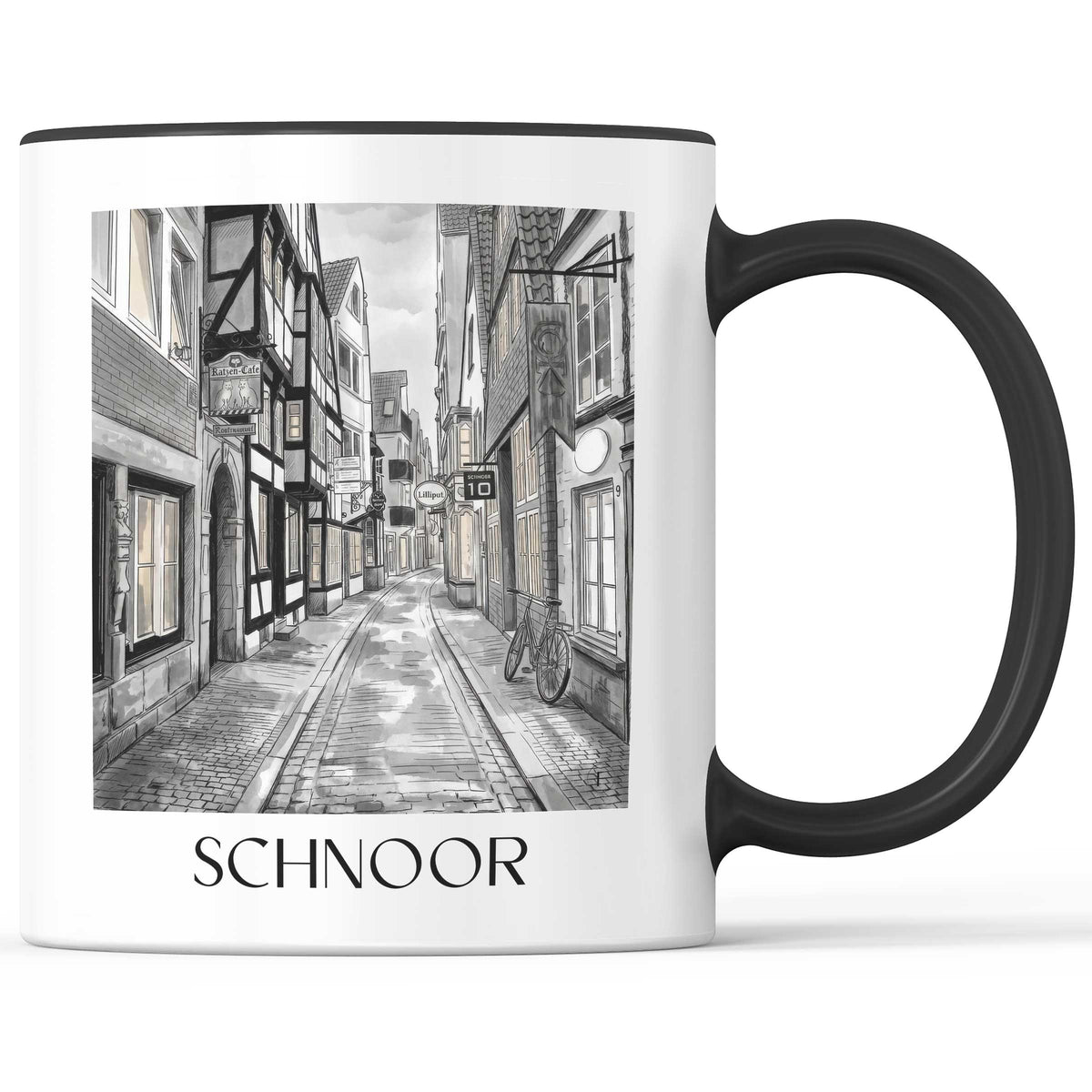 Schnoor Kaffeebecher - Bremen - Deutschland Becher - Kaffeetasse im Aquarell Schwarz-Weiß Stil - favplace