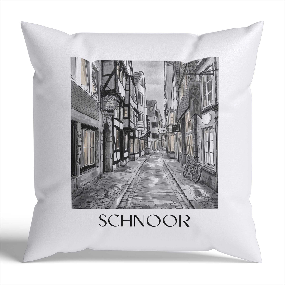Schnoor Kissenhülle - Zierkissen Bezug - Bremen - Deutschland Kissen bzw. Kissenbezug im Aquarell Schwarz-Weiß Stil - favplace