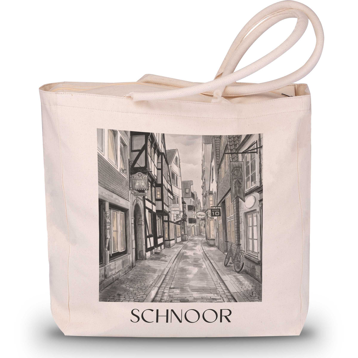 Schnoor Shopping Tasche - Bremen - Deutschland Tote Bag - Einkaufstasche im Aquarell Schwarz-Weiß Stil - favplace
