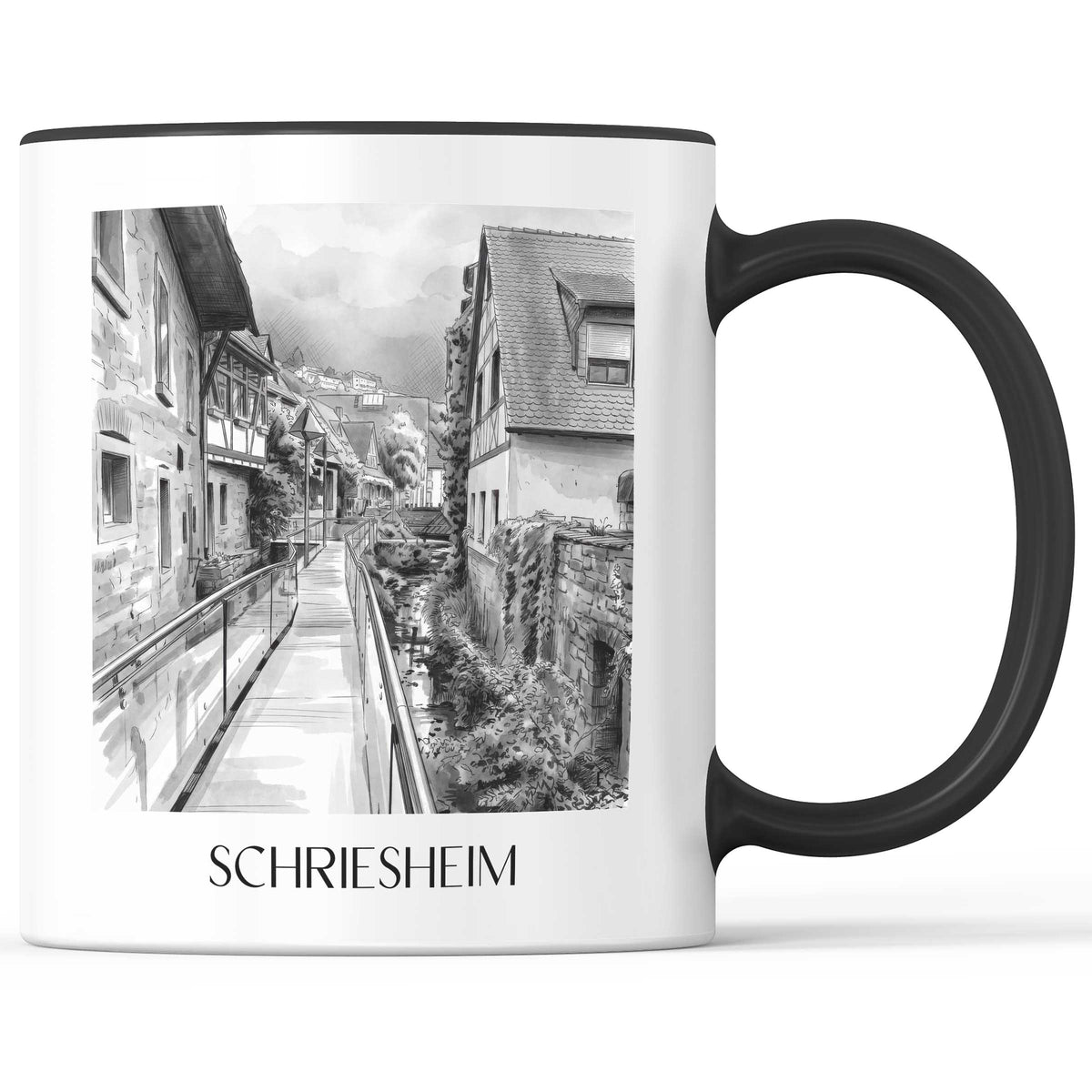 Schriesheim Kaffeebecher - Odenwald - Deutschland Becher - Kaffeetasse im Aquarell Schwarz-Weiß Stil - favplace
