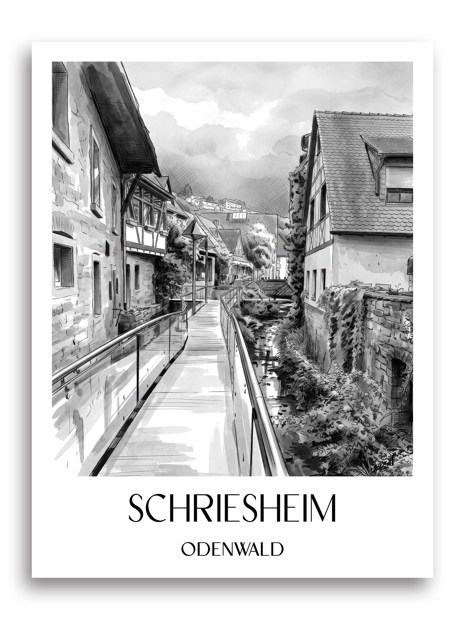 schriesheim-odenwald-deutschland-poster-aquarell-schwarz-weiss
