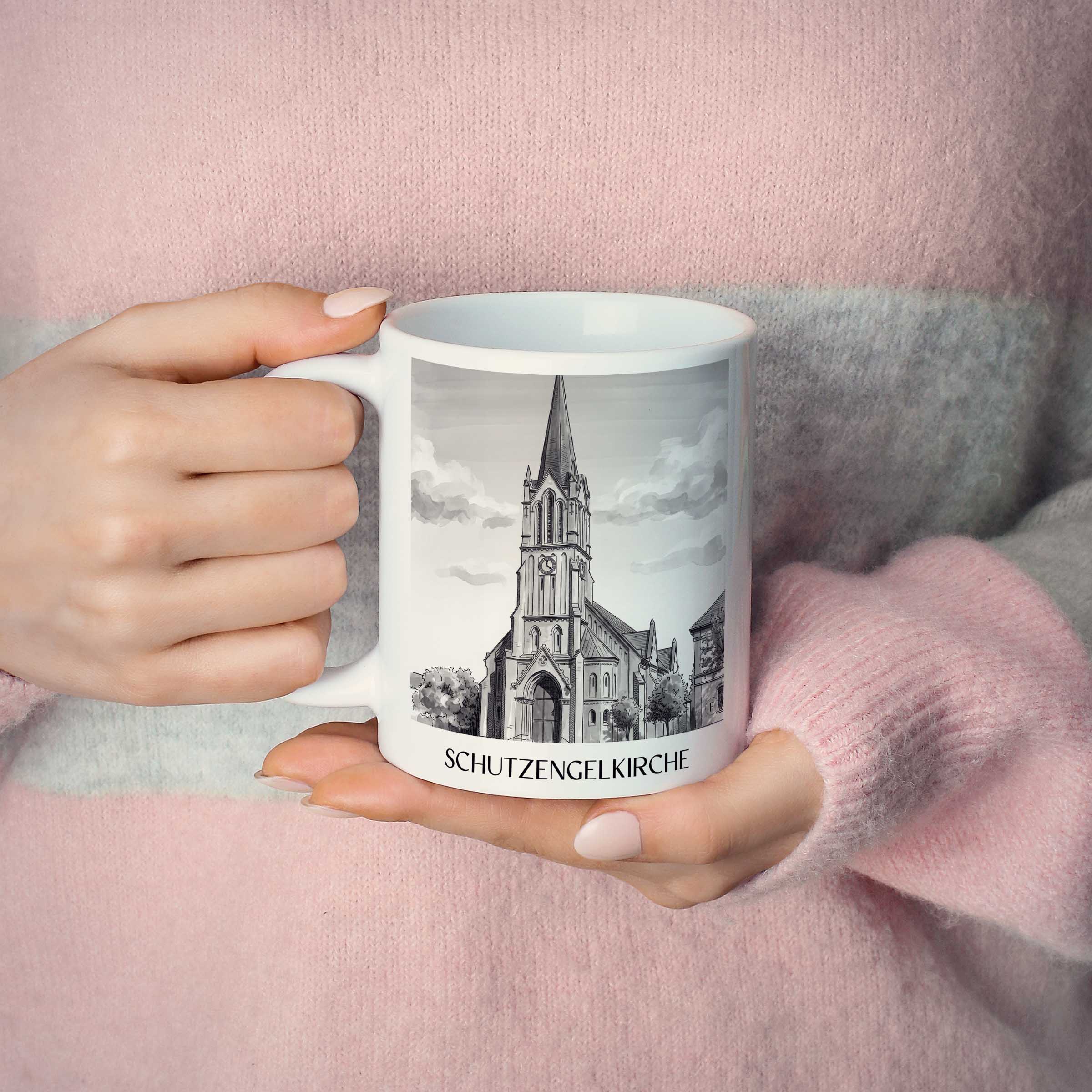schutzengelkirche-brühl-deutschland-kaffeebecher-aquarell-schwarz-weiss