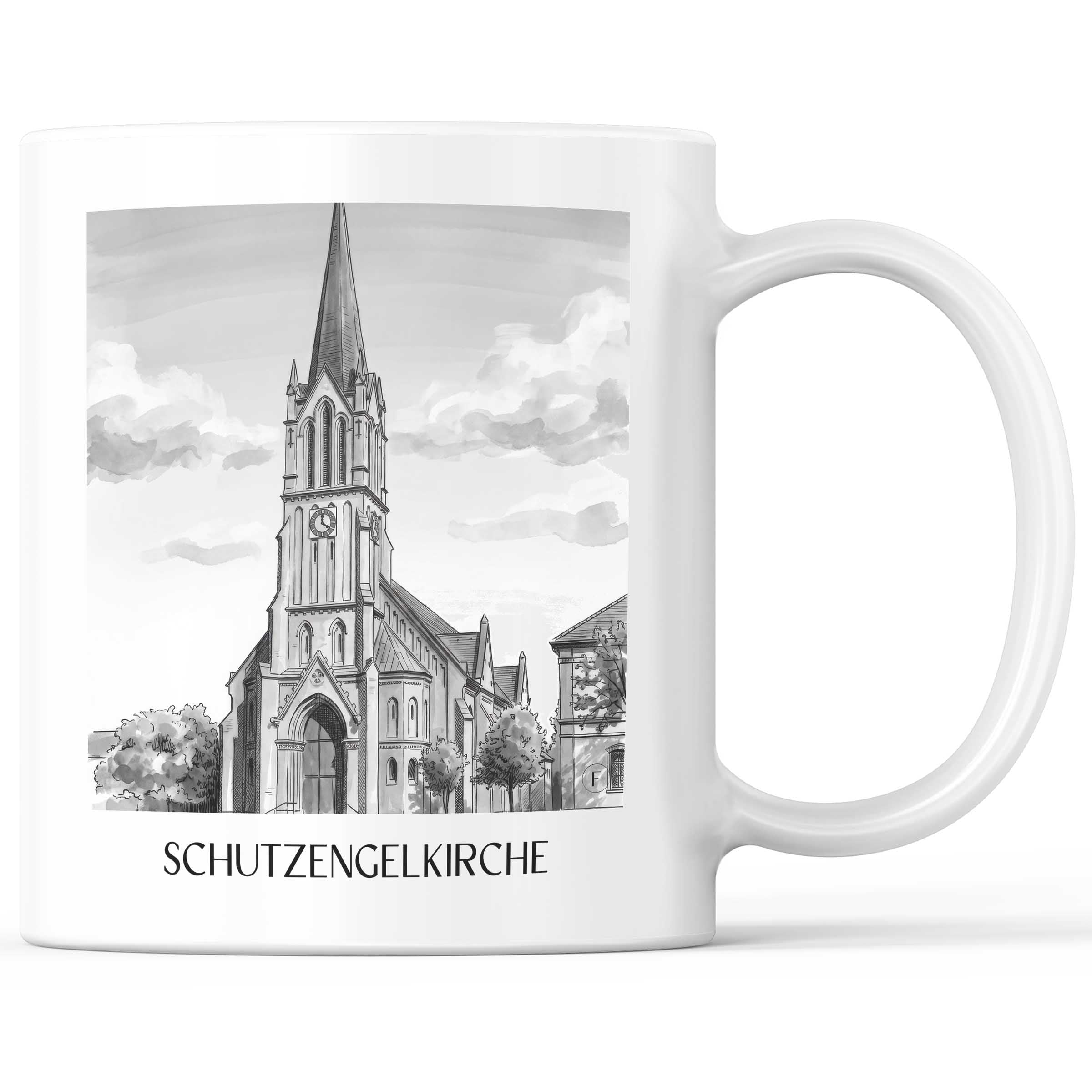 schutzengelkirche-brühl-deutschland-kaffeebecher-aquarell-schwarz-weiss