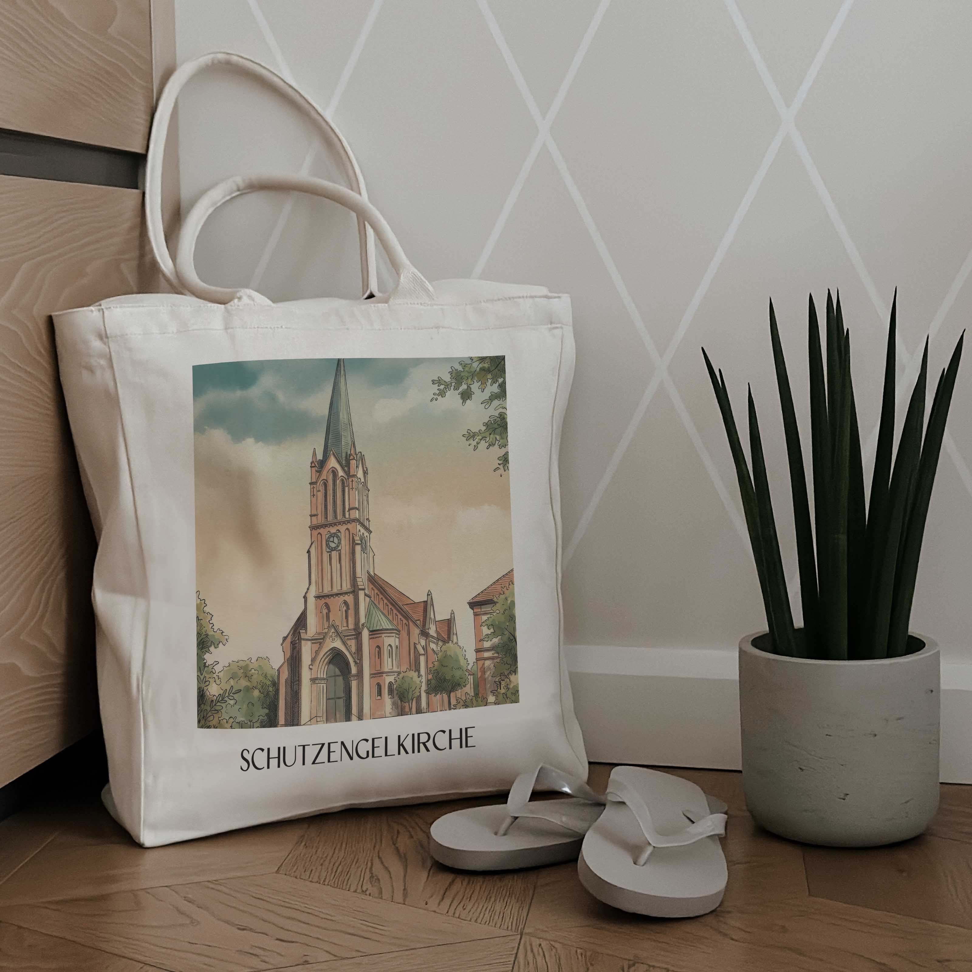 schutzengelkirche-brühl-deutschland-einkaufstasche-aquarell