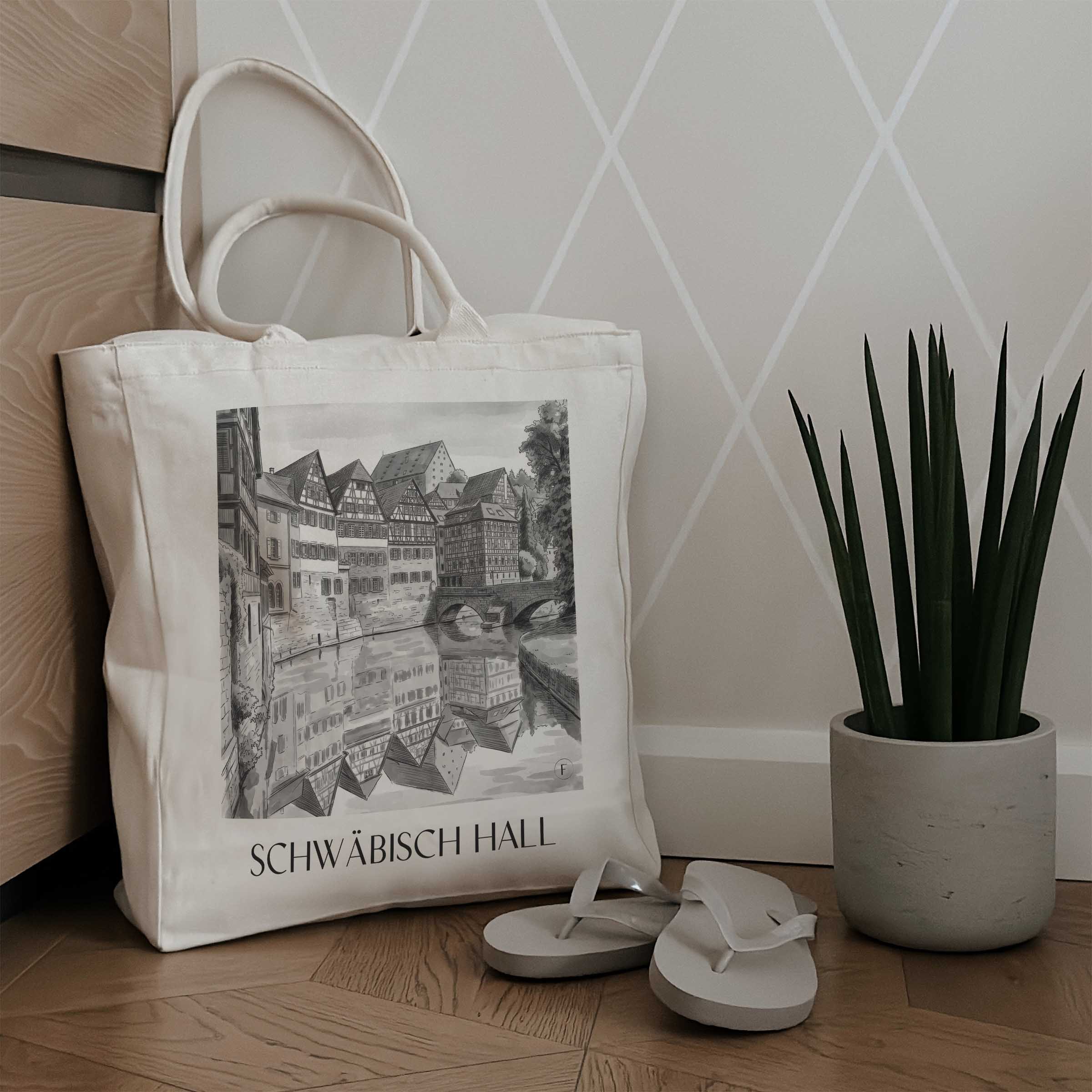 schwäbisch-hall-deutschland-einkaufstasche-aquarell-schwarz-weiss
