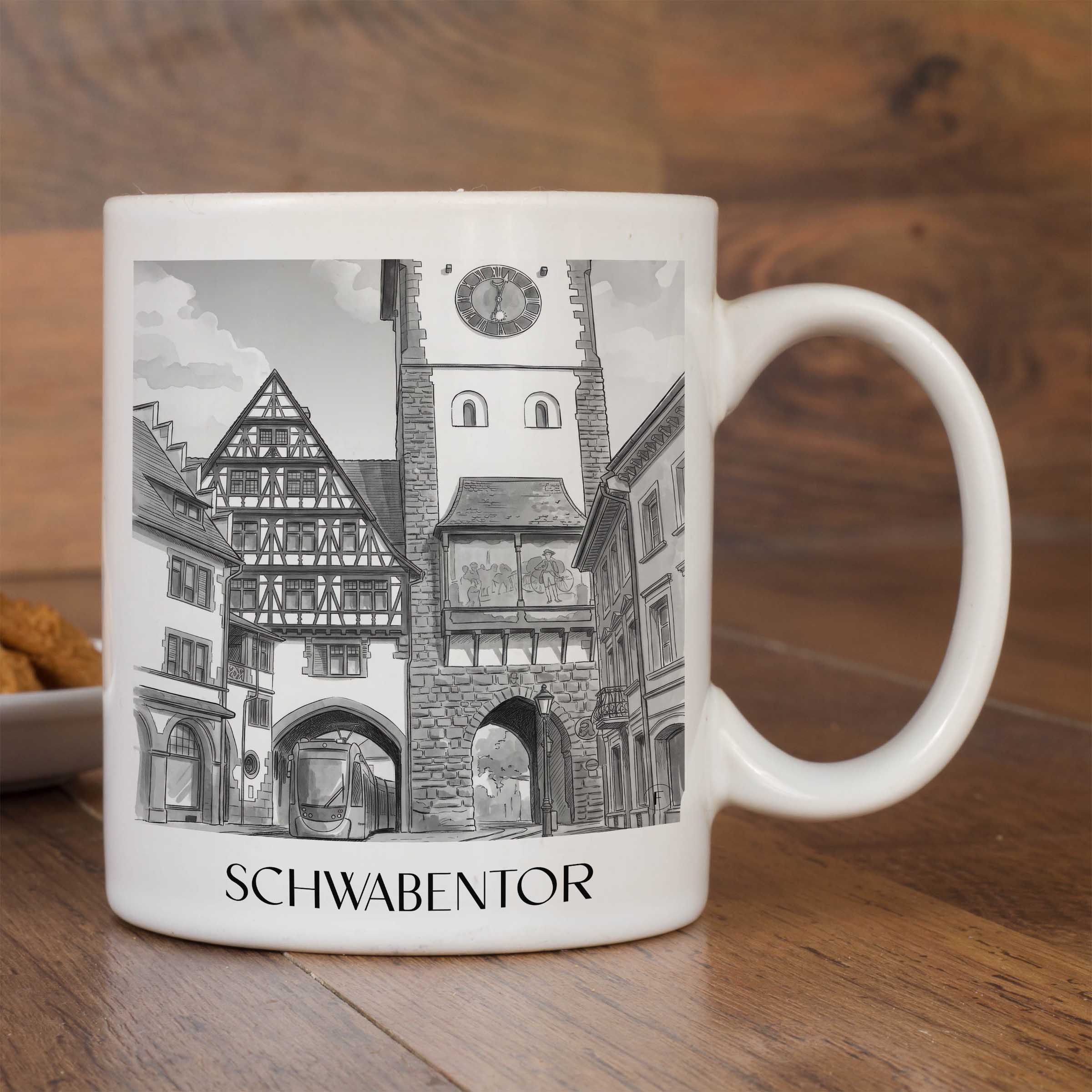 schwabentor-freiburg-deutschland-kaffeebecher-aquarell-schwarz-weiss