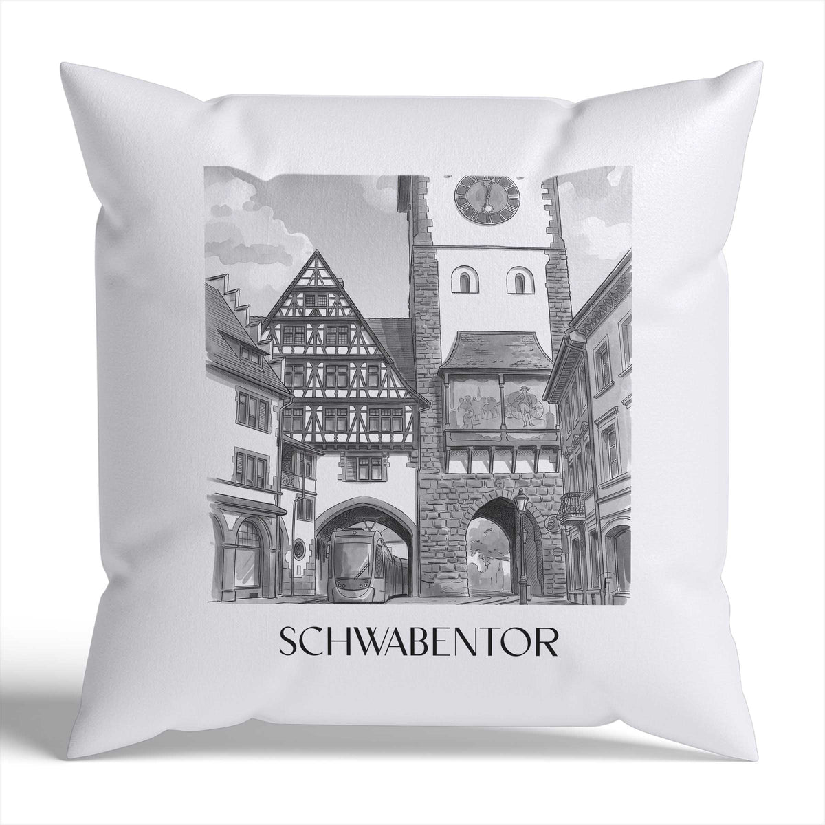 schwabentor-freiburg-deutschland-kissenbezug-aquarell-schwarz-weiss