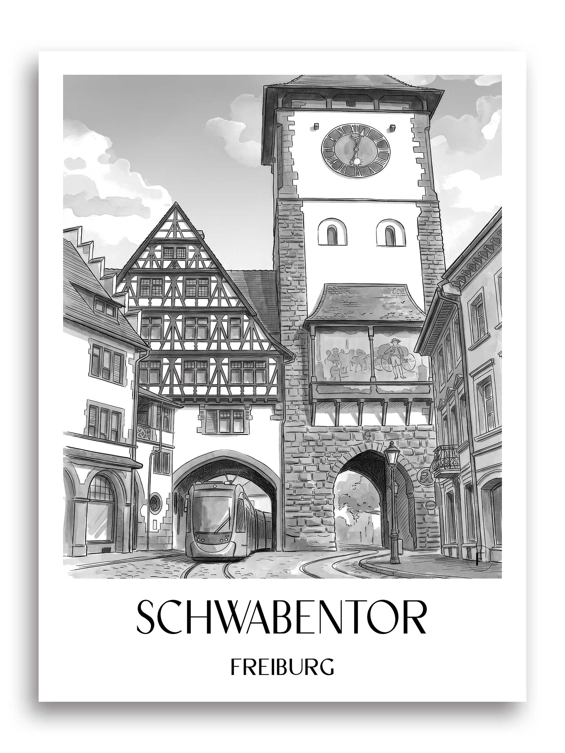 schwabentor-freiburg-deutschland-poster-aquarell-schwarz-weiss