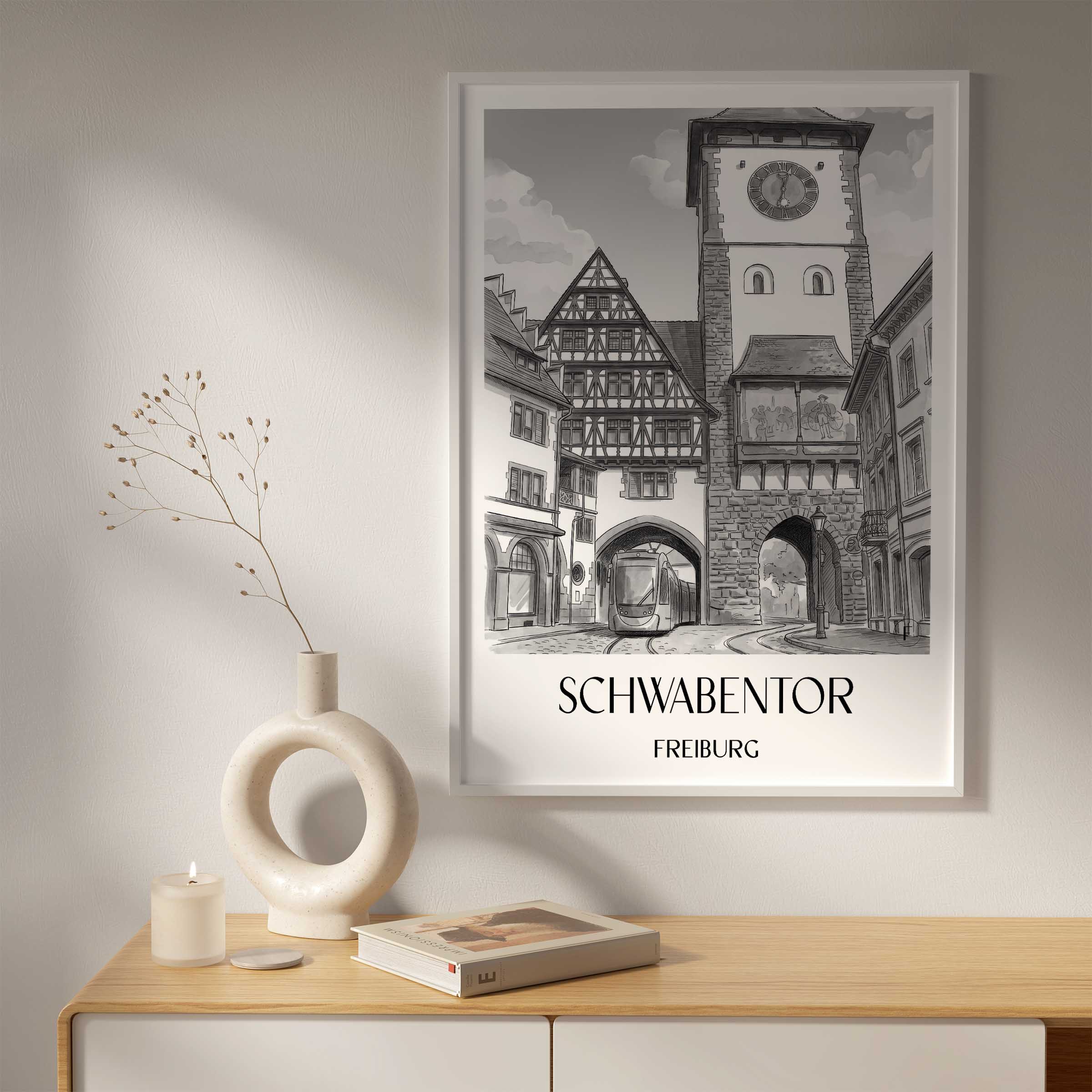 schwabentor-freiburg-deutschland-poster-aquarell-schwarz-weiss