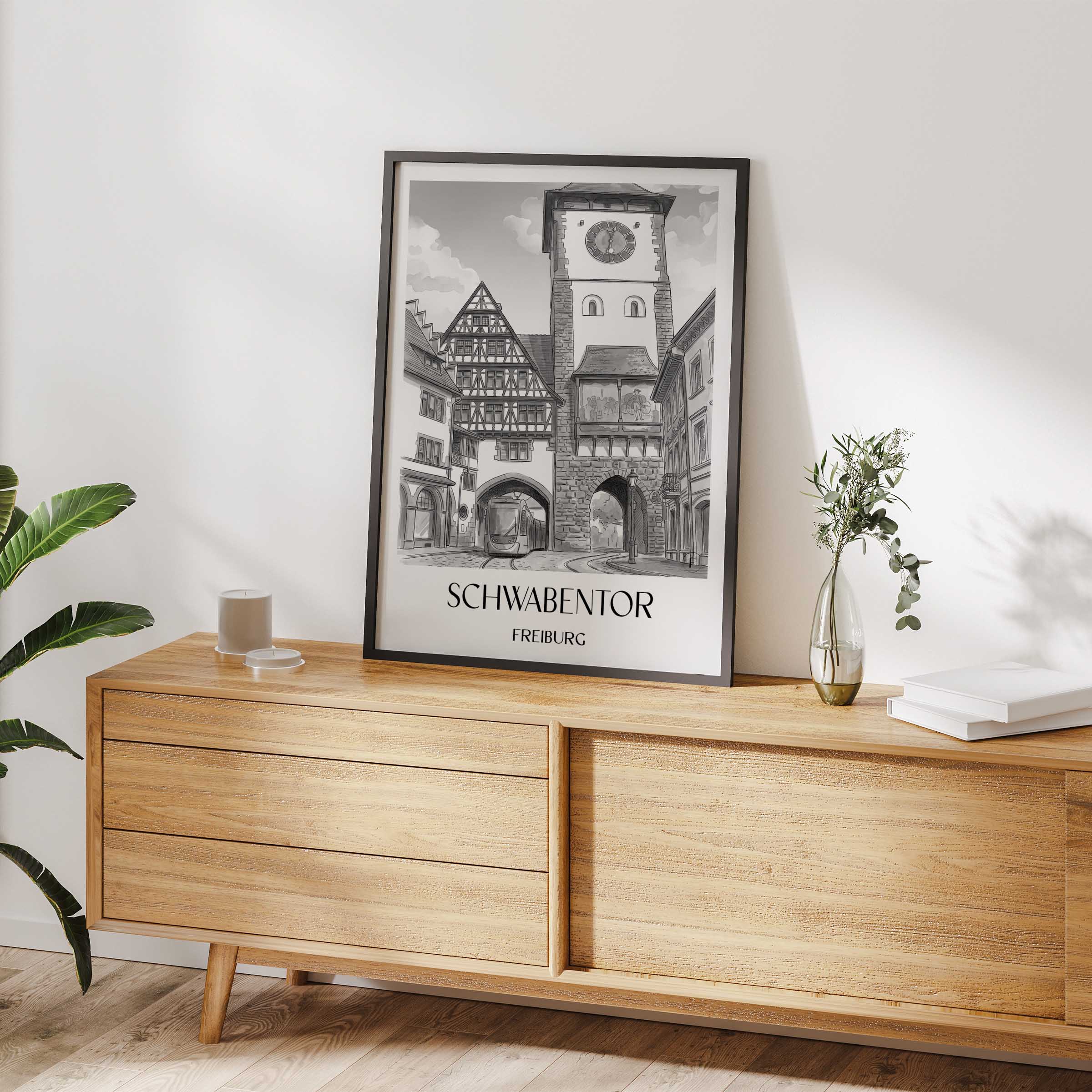 schwabentor-freiburg-deutschland-poster-aquarell-schwarz-weiss