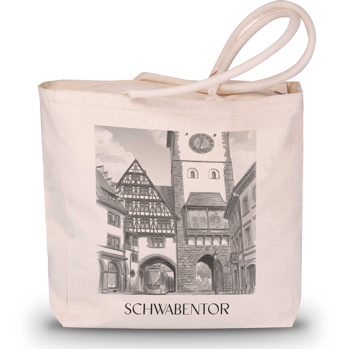 Schwabentor Shopping Tasche - Freiburg - Deutschland Tote Bag - Einkaufstasche im Aquarell Schwarz-Weiß Stil - favplace