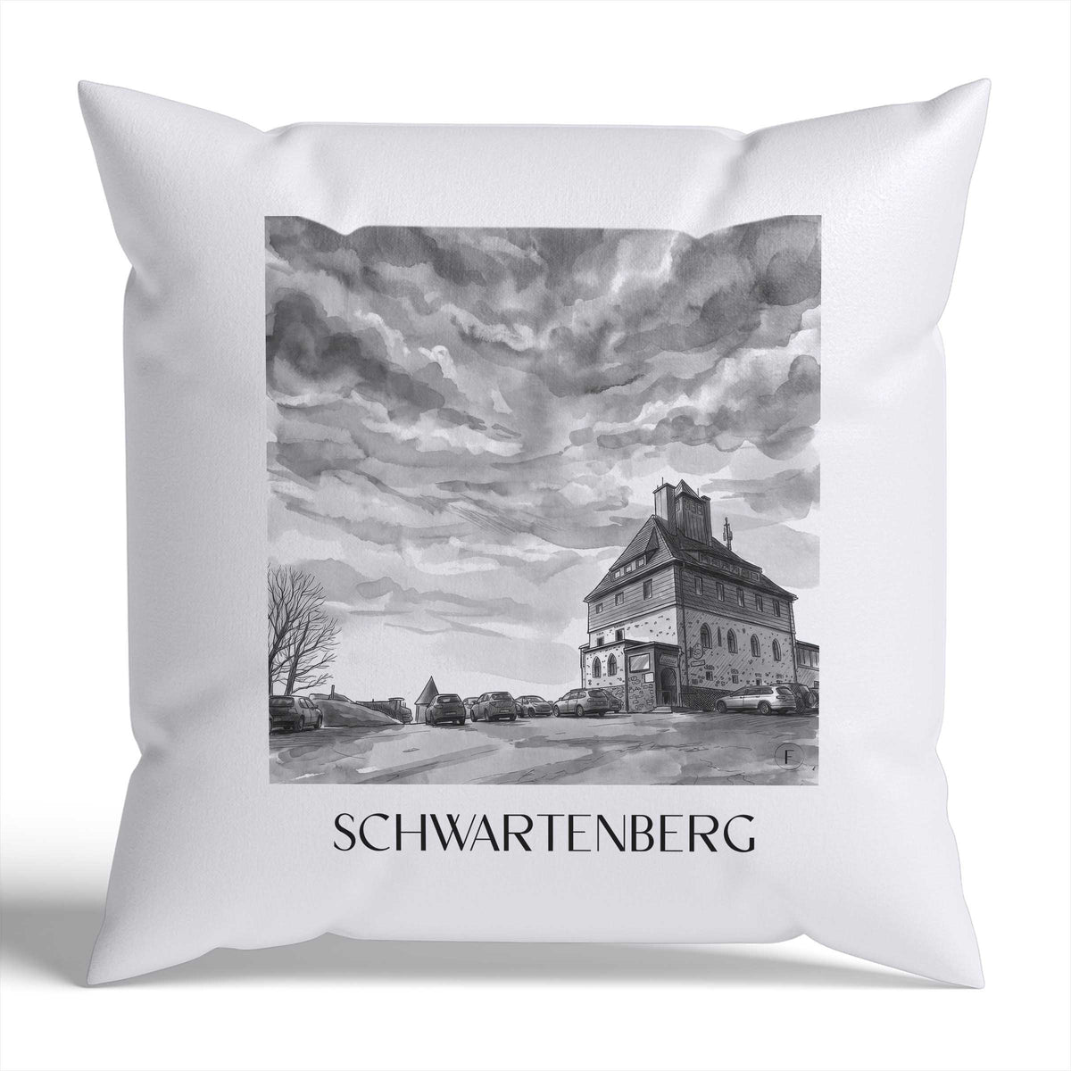 Schwartenberg Kissenhülle - Zierkissen Bezug - Erzgebirge - Deutschland Kissen bzw. Kissenbezug im Aquarell Schwarz-Weiß Stil - favplace