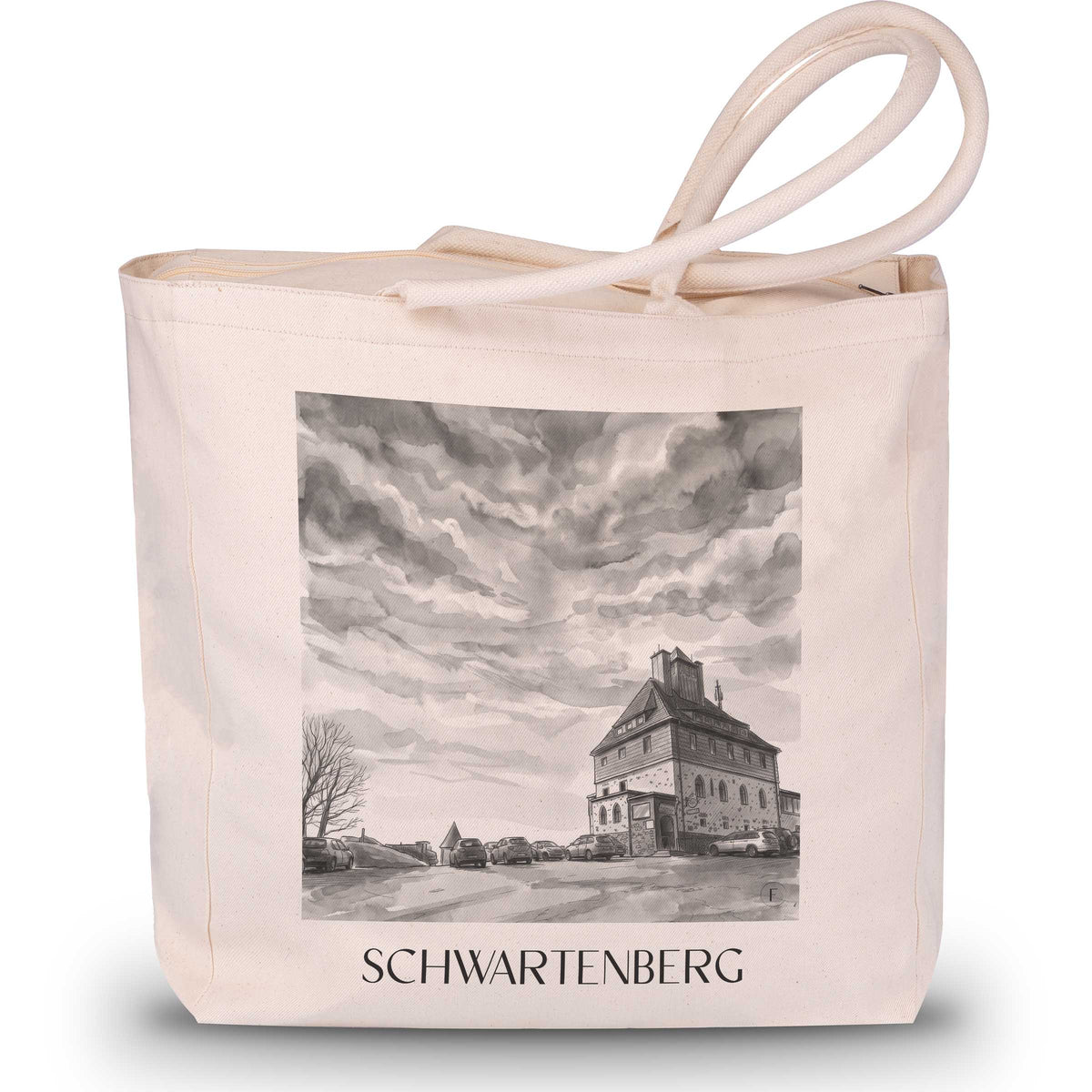 Schwartenberg Shopping Tasche - Erzgebirge - Deutschland Tote Bag - Einkaufstasche im Aquarell Schwarz-Weiß Stil - favplace