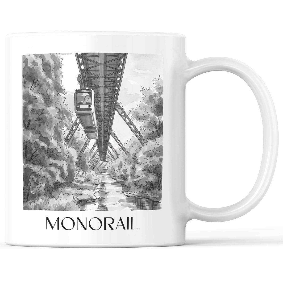 Schwebebahn Kaffeebecher - Wuppertal - Deutschland Becher - Kaffeetasse im Aquarell Schwarz-Weiß Stil - favplace