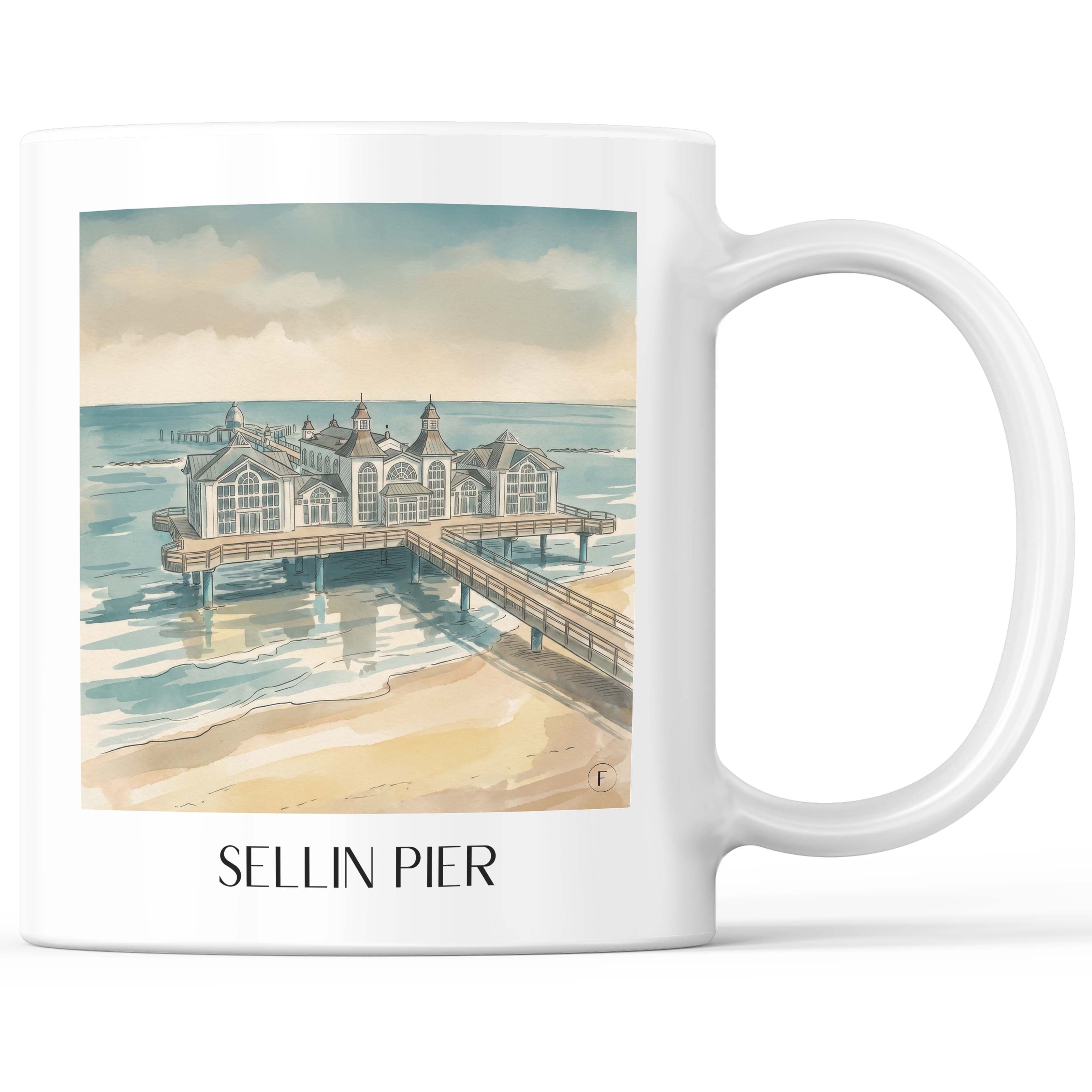 Seebrücke Sellin Kaffeebecher - Rügen - Deutschland Becher - Kaffeetasse im Aquarell Stil - favplace