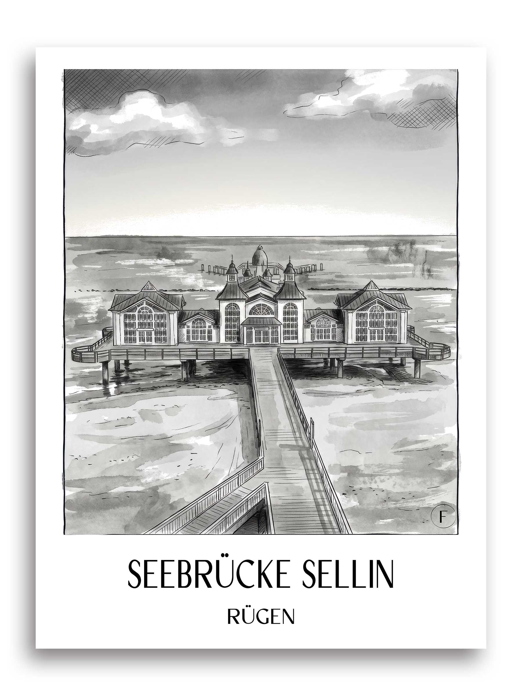 seebrücke-sellin-rügen-deutschland-poster-aquarell-schwarz-weiss