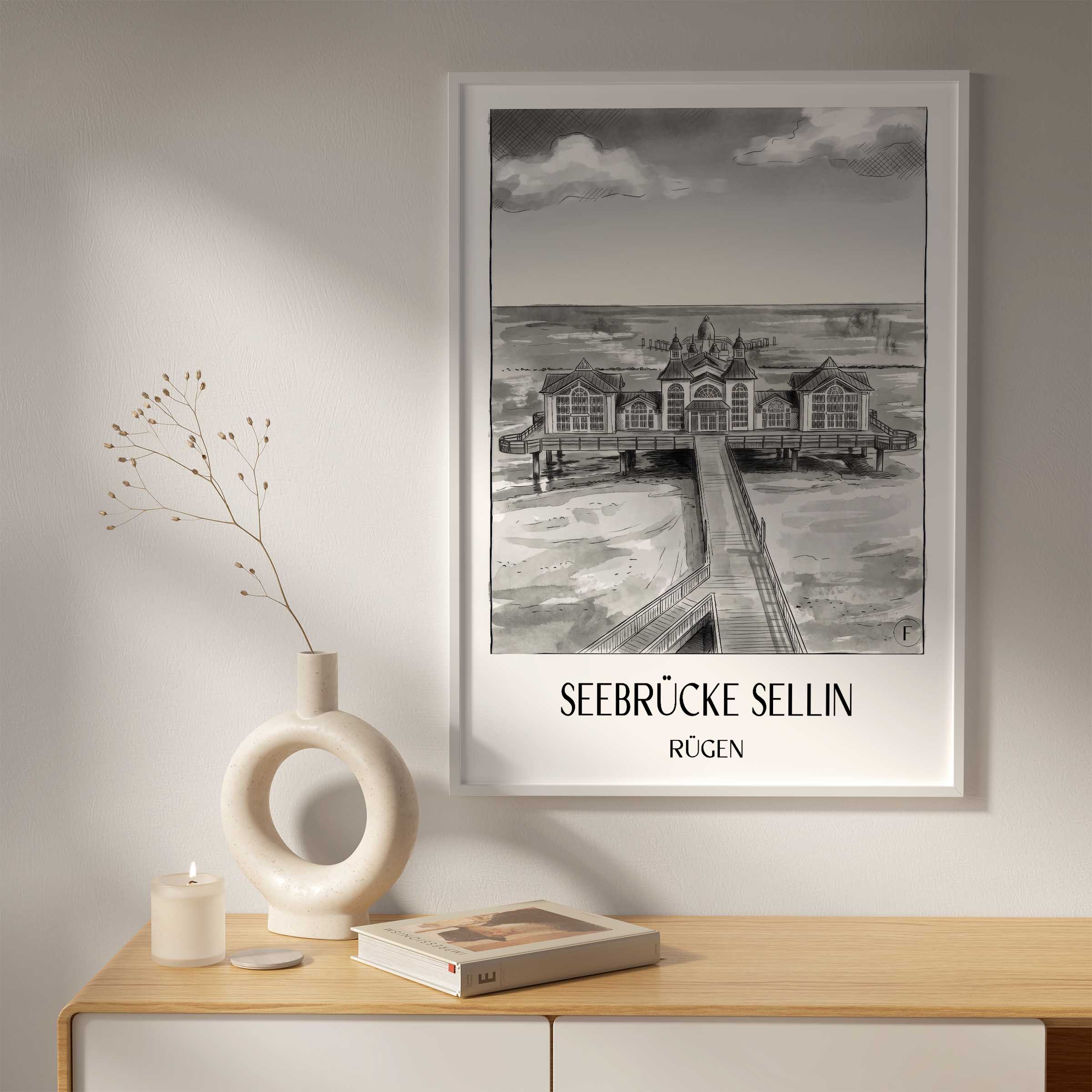 seebrücke-sellin-rügen-deutschland-poster-aquarell-schwarz-weiss