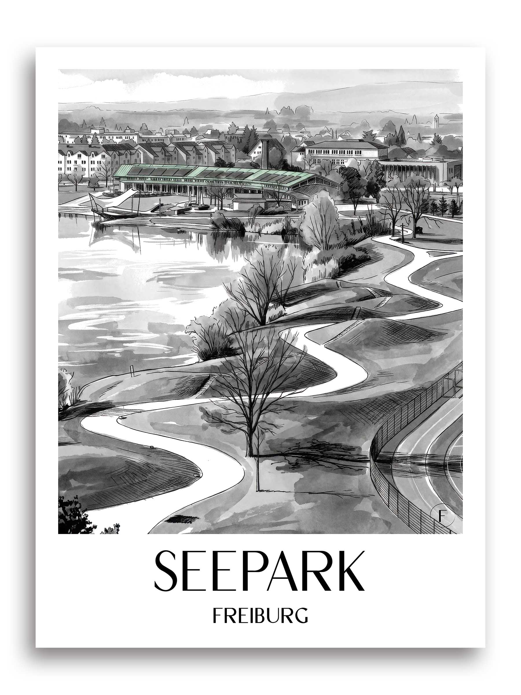 seepark-freiburg-deutschland-poster-aquarell-schwarz-weiss