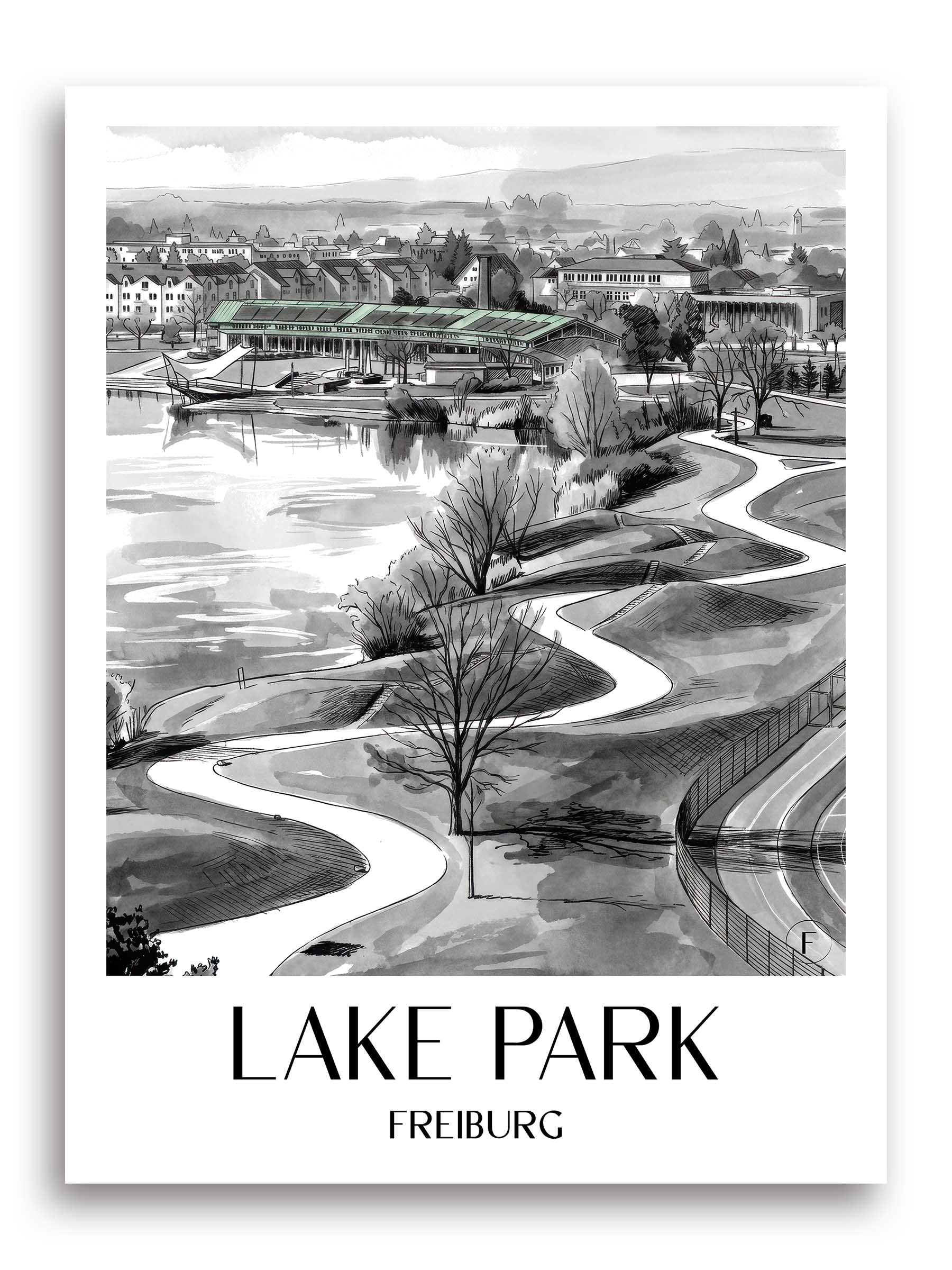 Seepark Poster - Freiburg - Deutschland Kunstdruck - Aquarell Schwarz-Weiß von A4 bis A1 - favplace