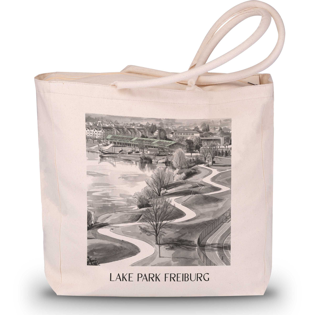 Seepark Shopping Tasche - Freiburg - Deutschland Tote Bag - Einkaufstasche im Aquarell Schwarz-Weiß Stil - favplace