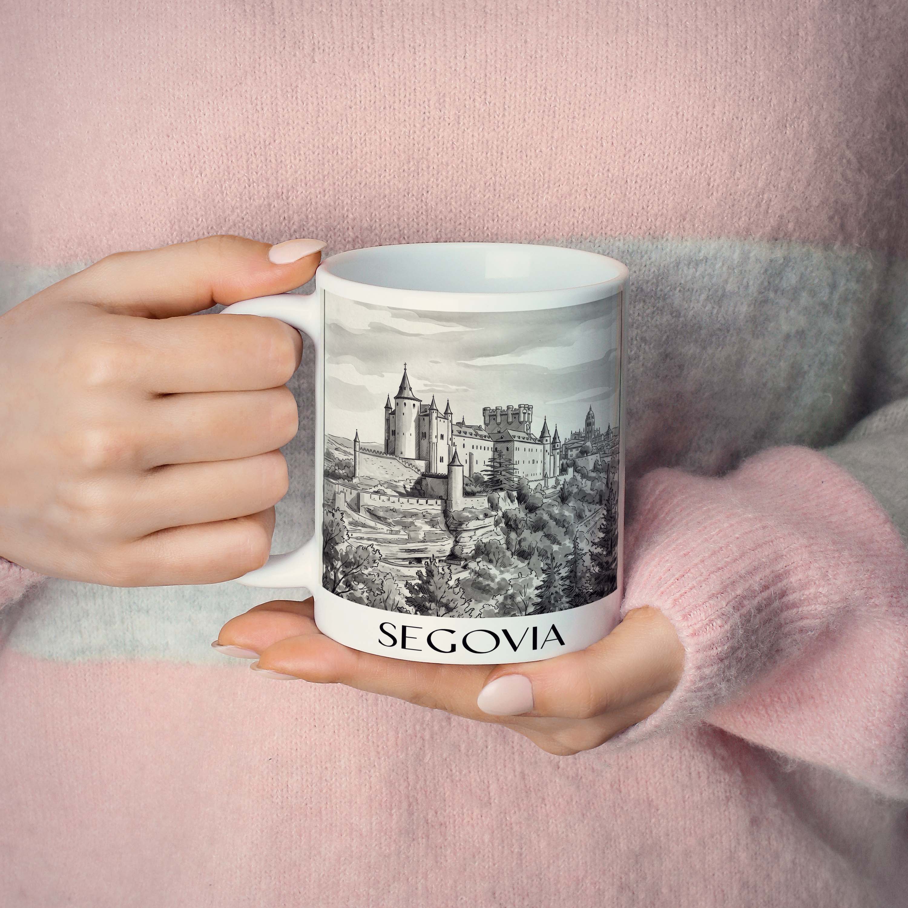 segovia-spanien-spanien-kaffeebecher-aquarell-schwarz-weiss