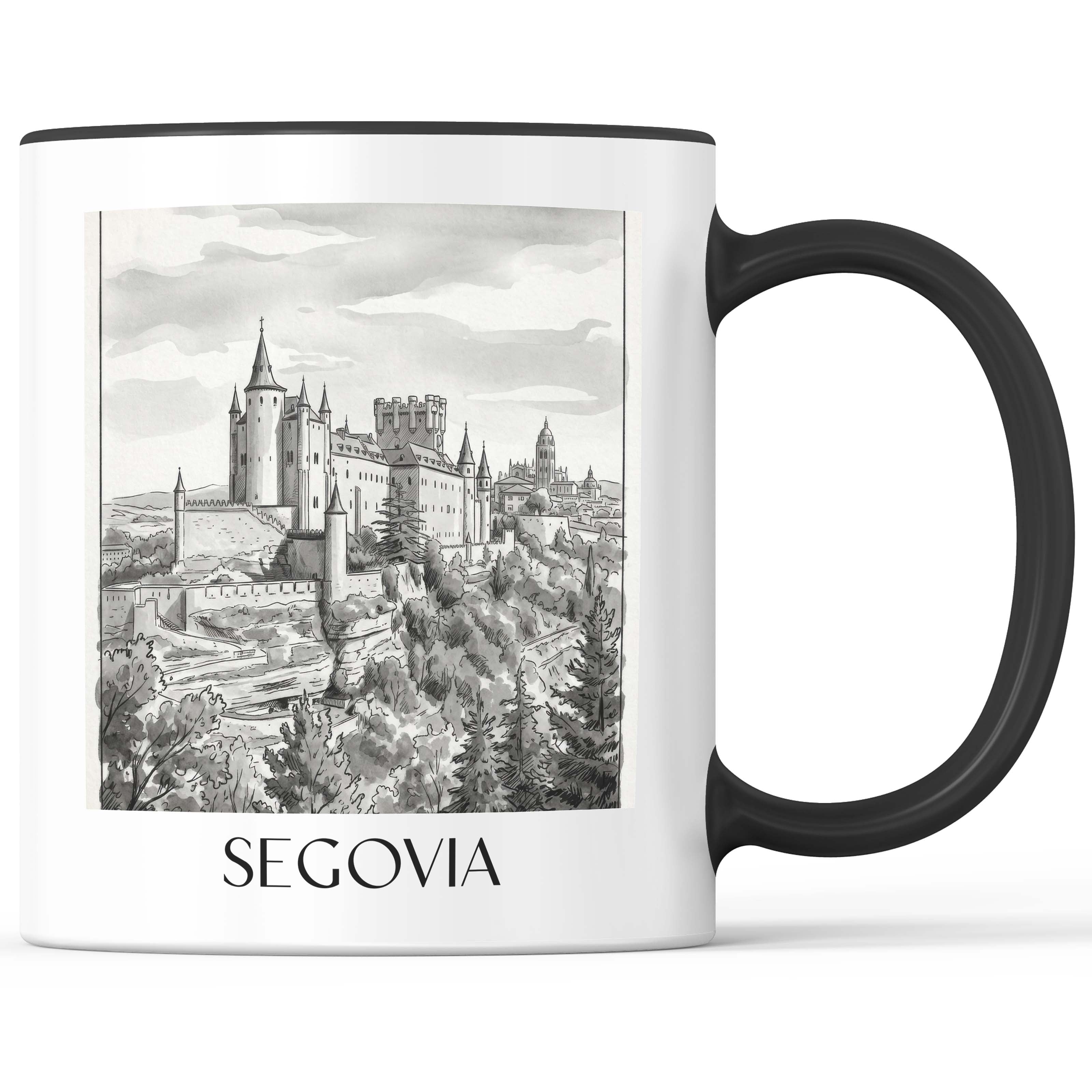 Segovia Kaffeebecher - Spanien - Spanien Becher - Kaffeetasse im Aquarell Schwarz-Weiß Stil - favplace