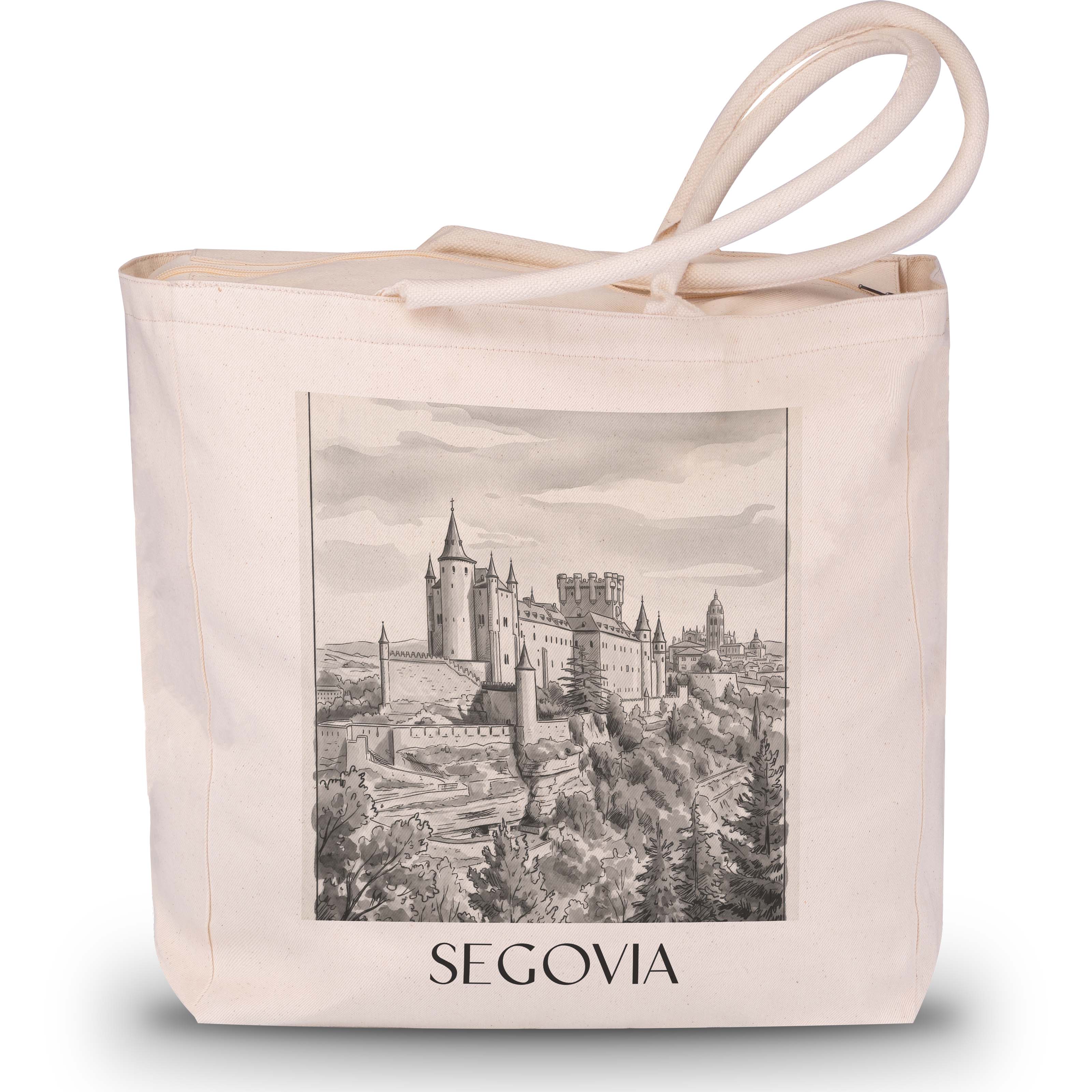 Segovia Shopping Tasche - Spanien - Spanien Tote Bag - Einkaufstasche im Aquarell Schwarz-Weiß Stil - favplace