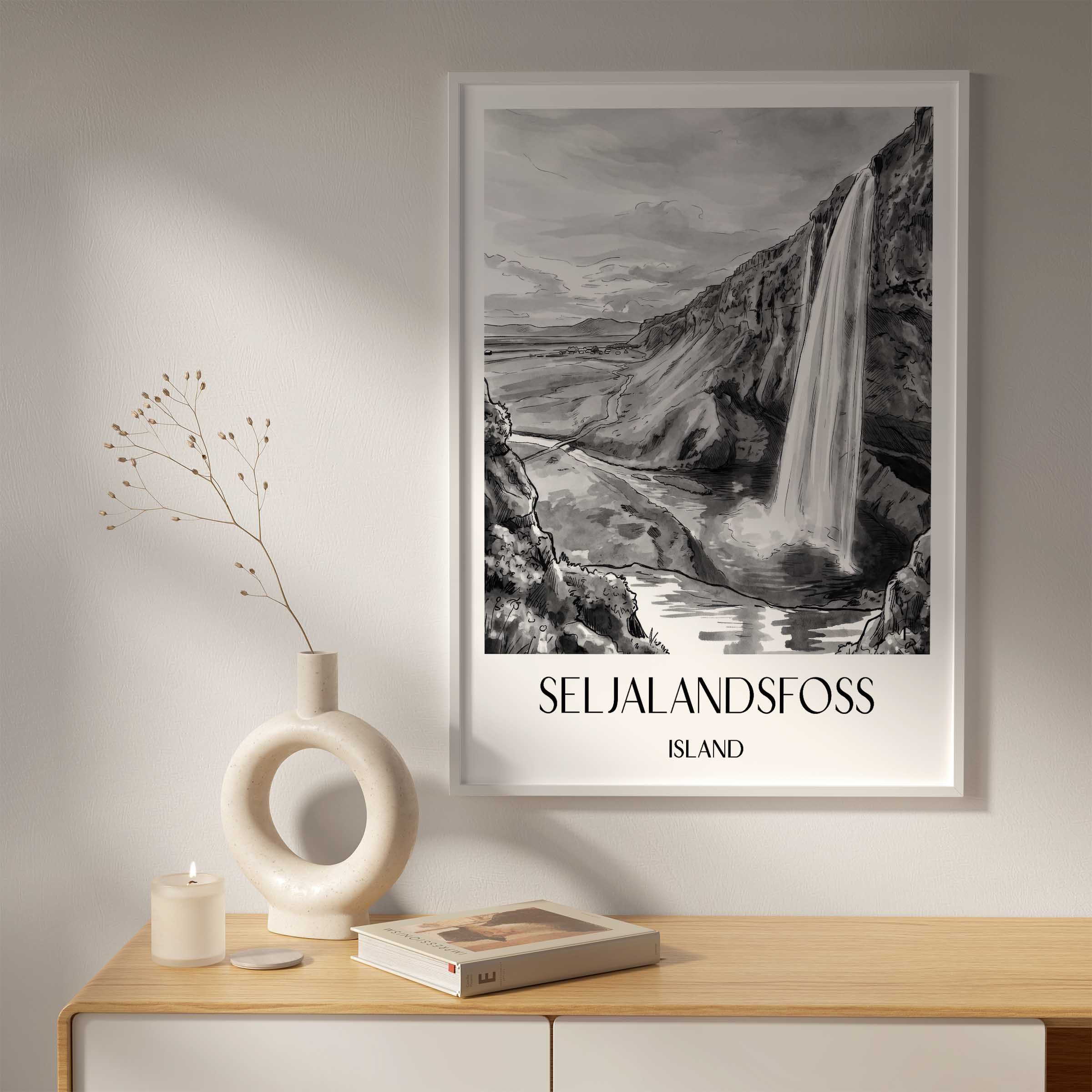 seljalandsfoss-island-poster-aquarell-schwarz-weiss