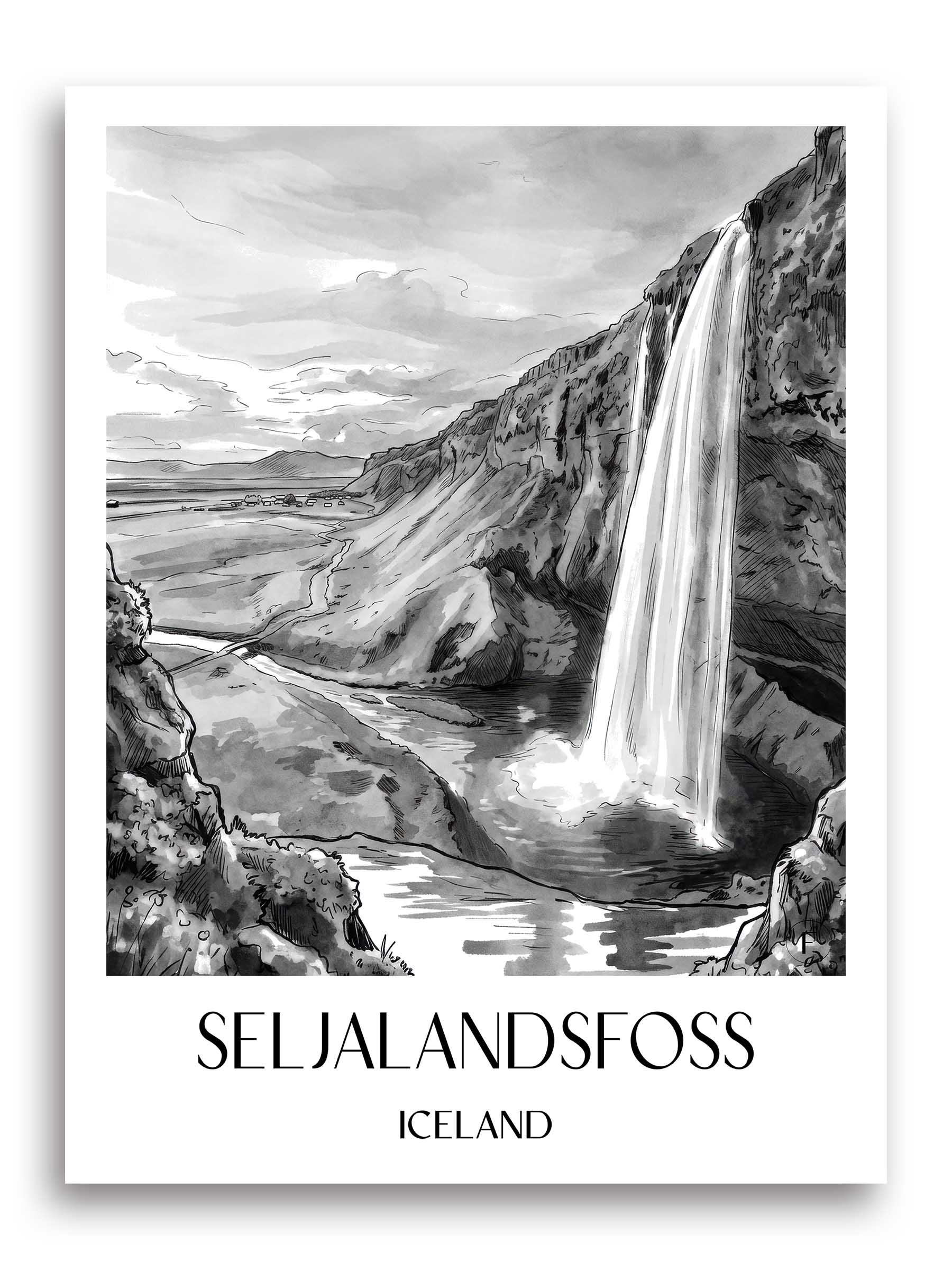 Seljalandsfoss Poster - - Island Kunstdruck - Aquarell Schwarz-Weiß von A4 bis A1 - favplace