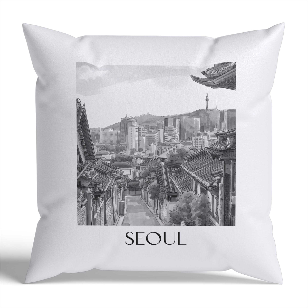 Seoul Kissenhülle - Zierkissen Bezug - Südkorea - Südkorea Kissen bzw. Kissenbezug im Aquarell Schwarz-Weiß Stil - favplace