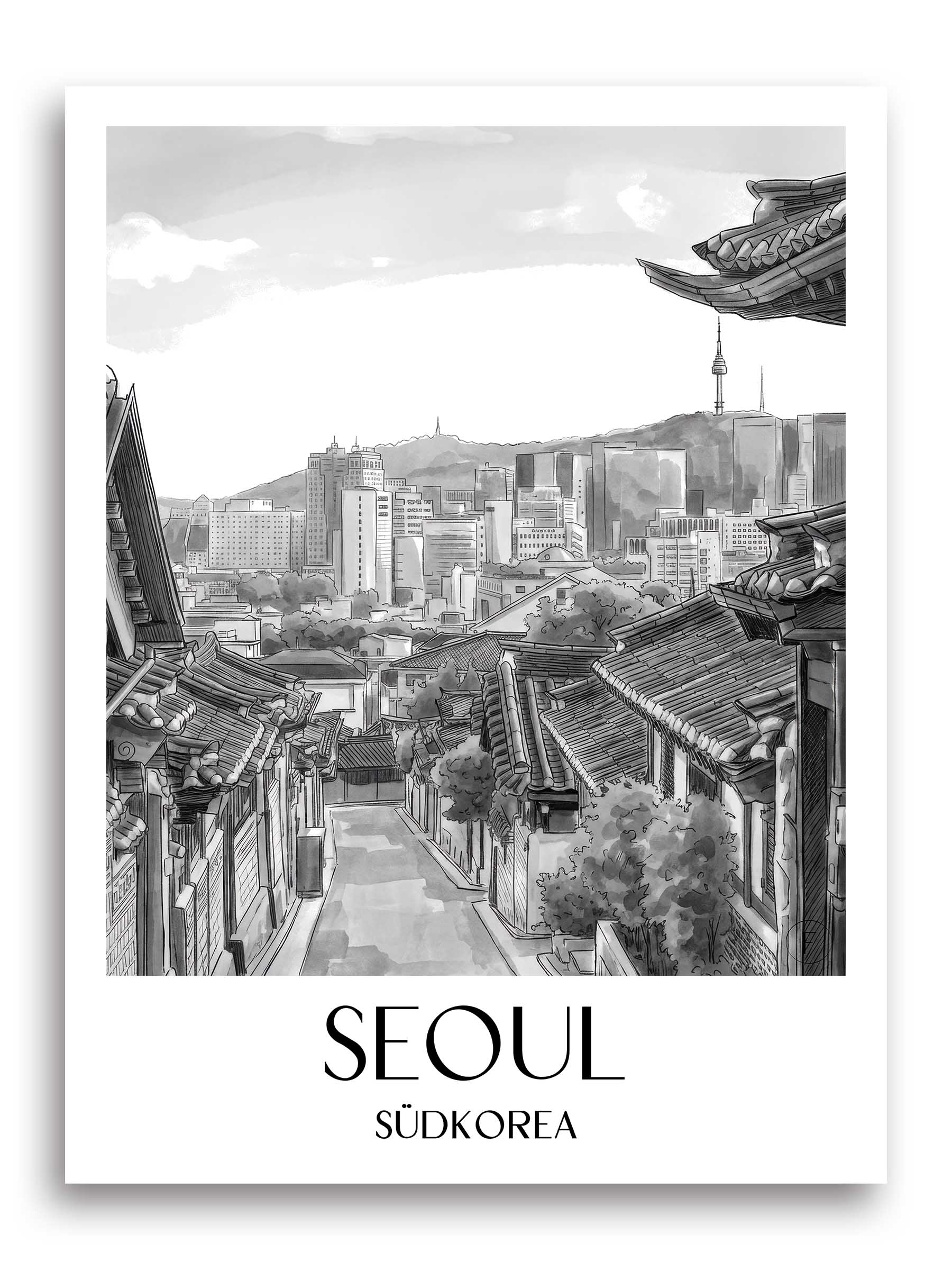 seoul-südkorea-poster-aquarell-schwarz-weiss