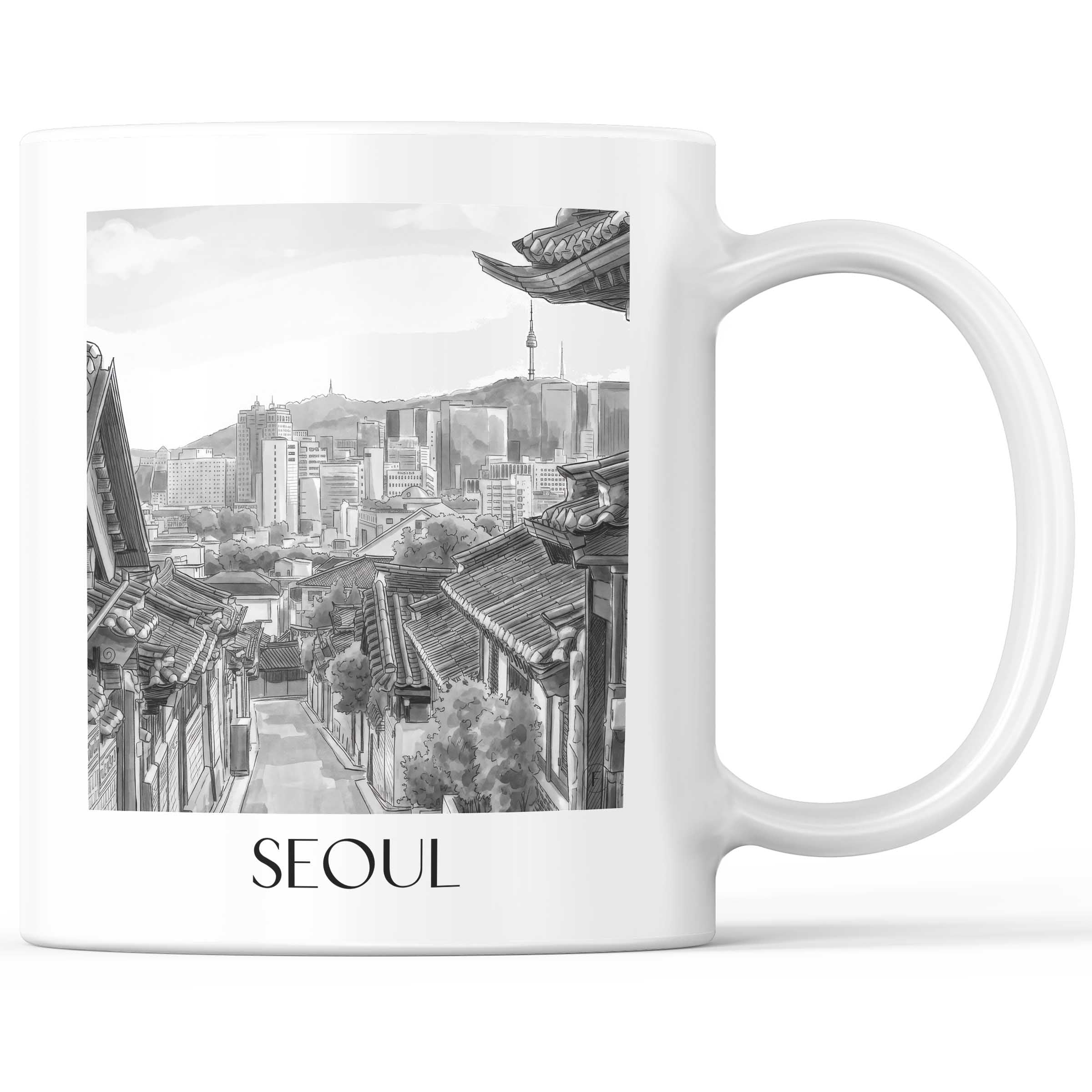 Seoul - Südkorea Becher - Kaffeetasse im Aquarell Schwarz-Weiß Stil - favplace