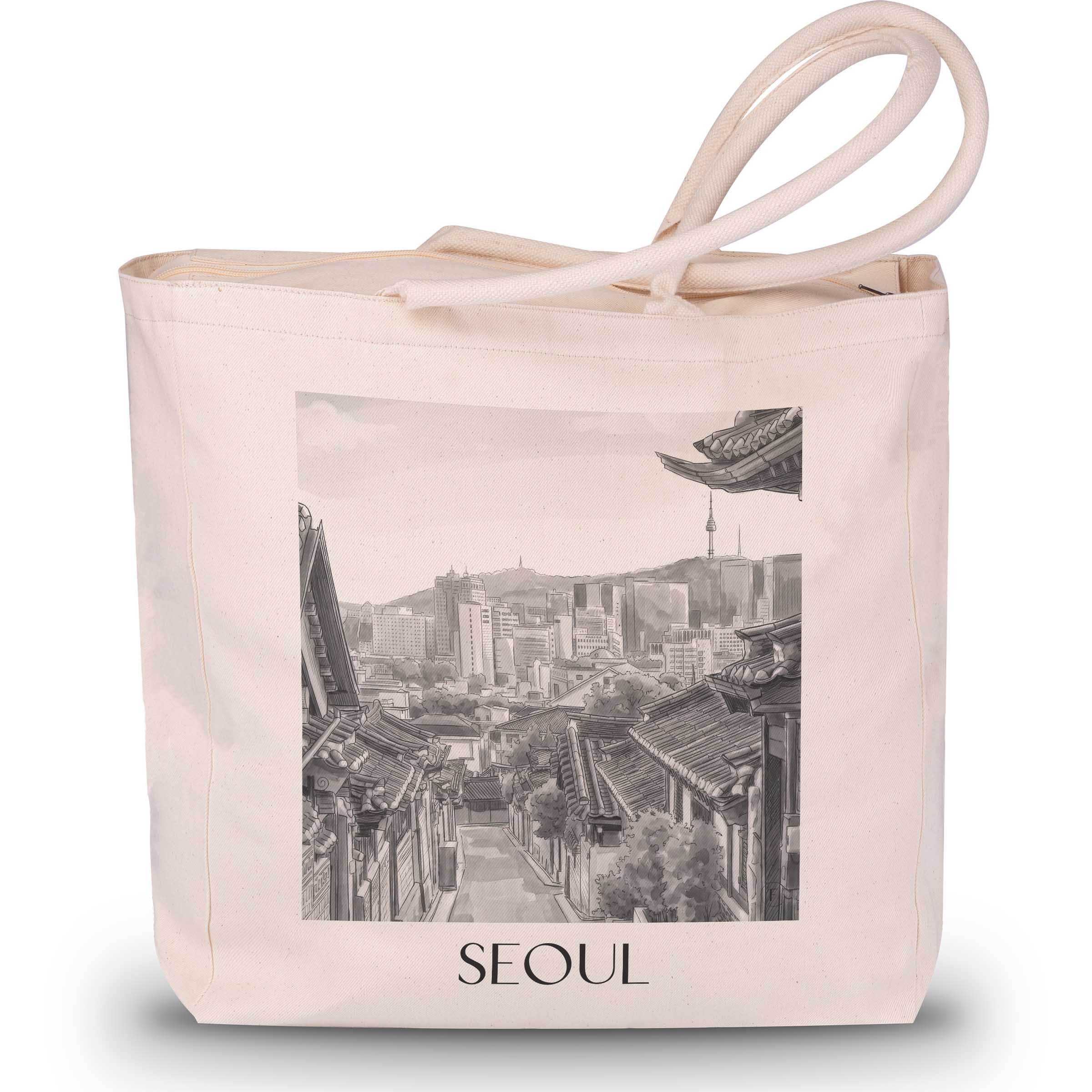 seoul-südkorea-einkaufstasche-aquarell-schwarz-weiss