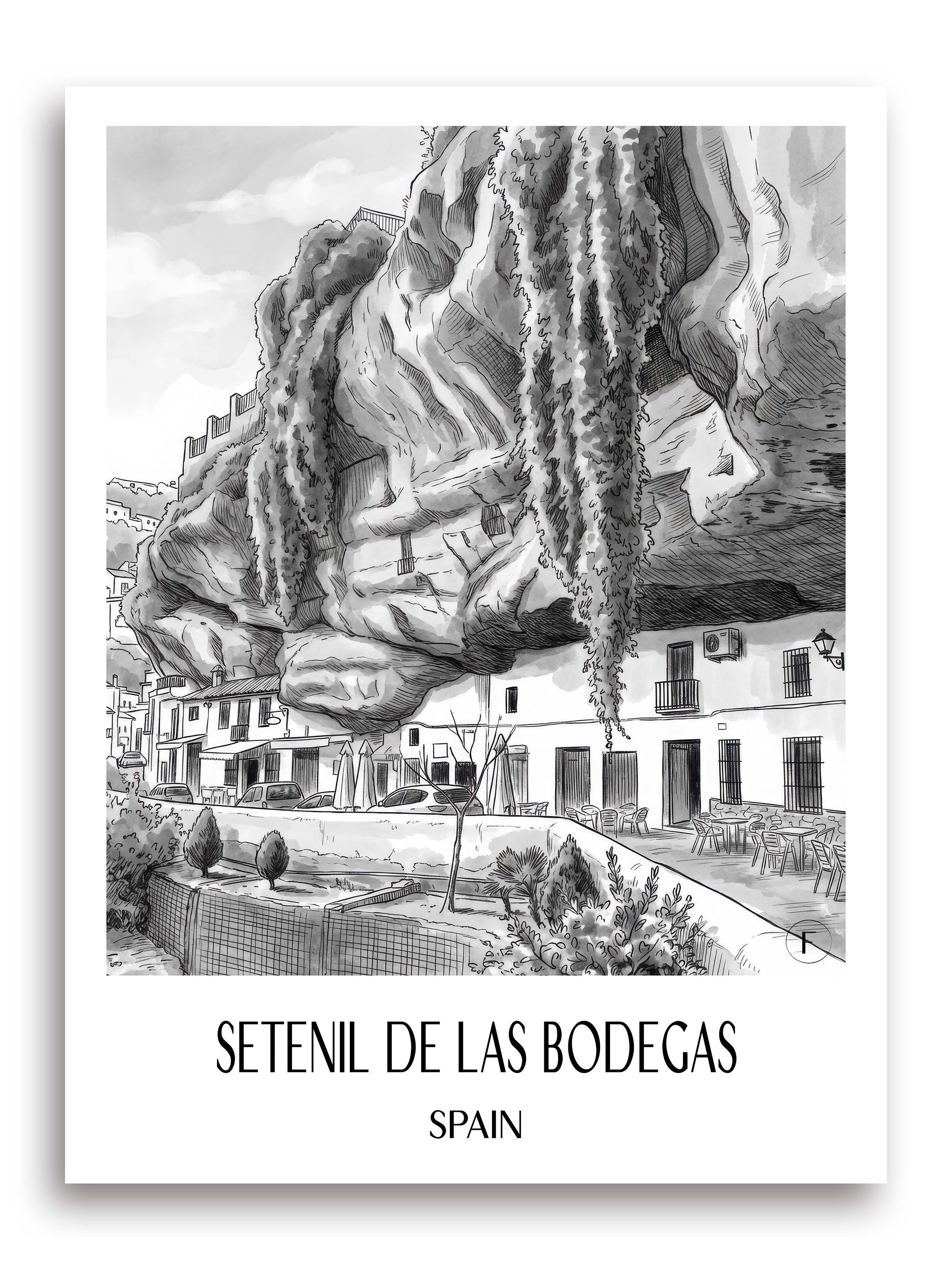 Setenil de las Bodegas Poster - Spanien - Spanien und Spanien Kunstdruck - Aquarell Schwarz-Weiß von A4 bis A1 - favplace