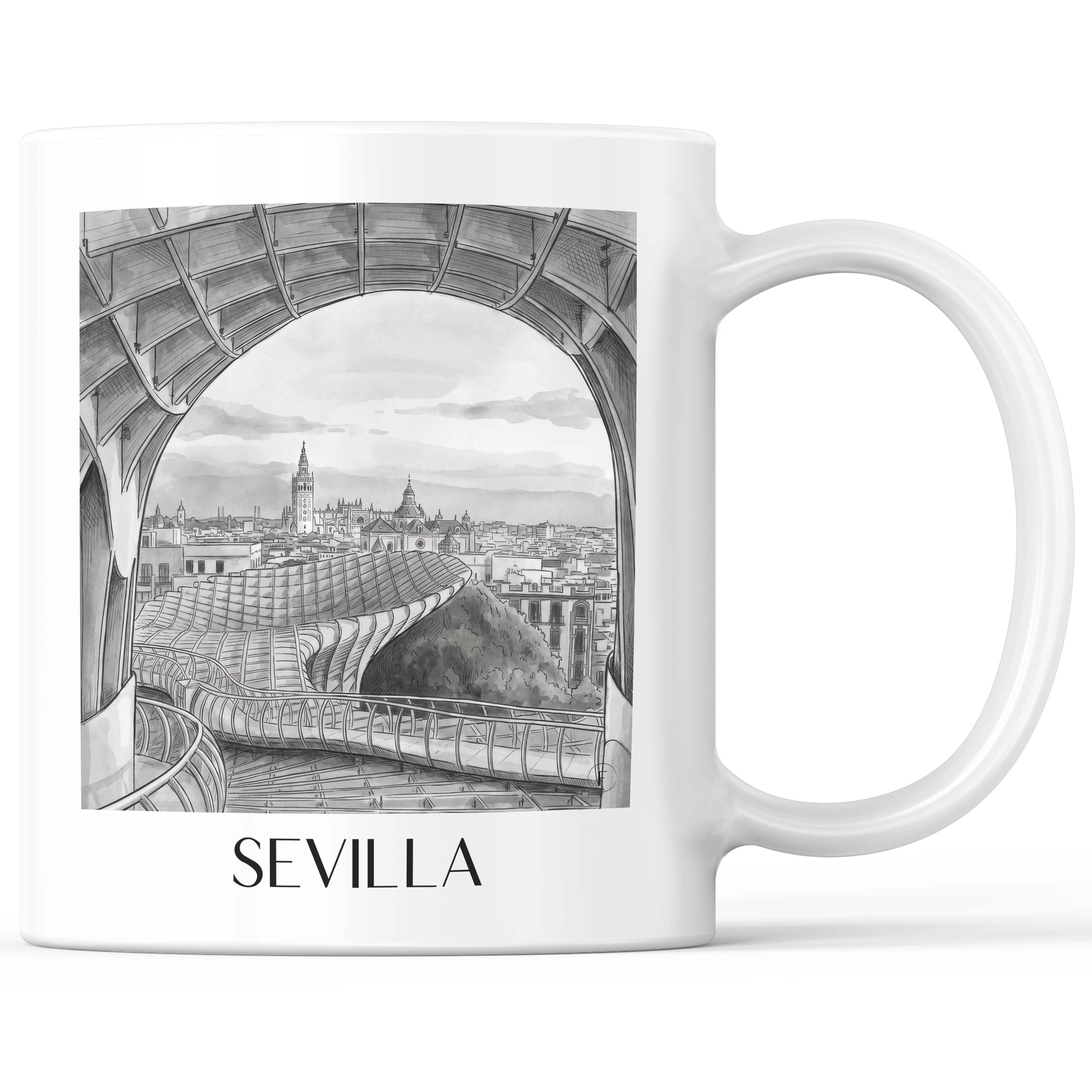 Sevilla Kaffeebecher - Spanien - Spanien Becher - Kaffeetasse im Aquarell Schwarz-Weiß Stil - favplace