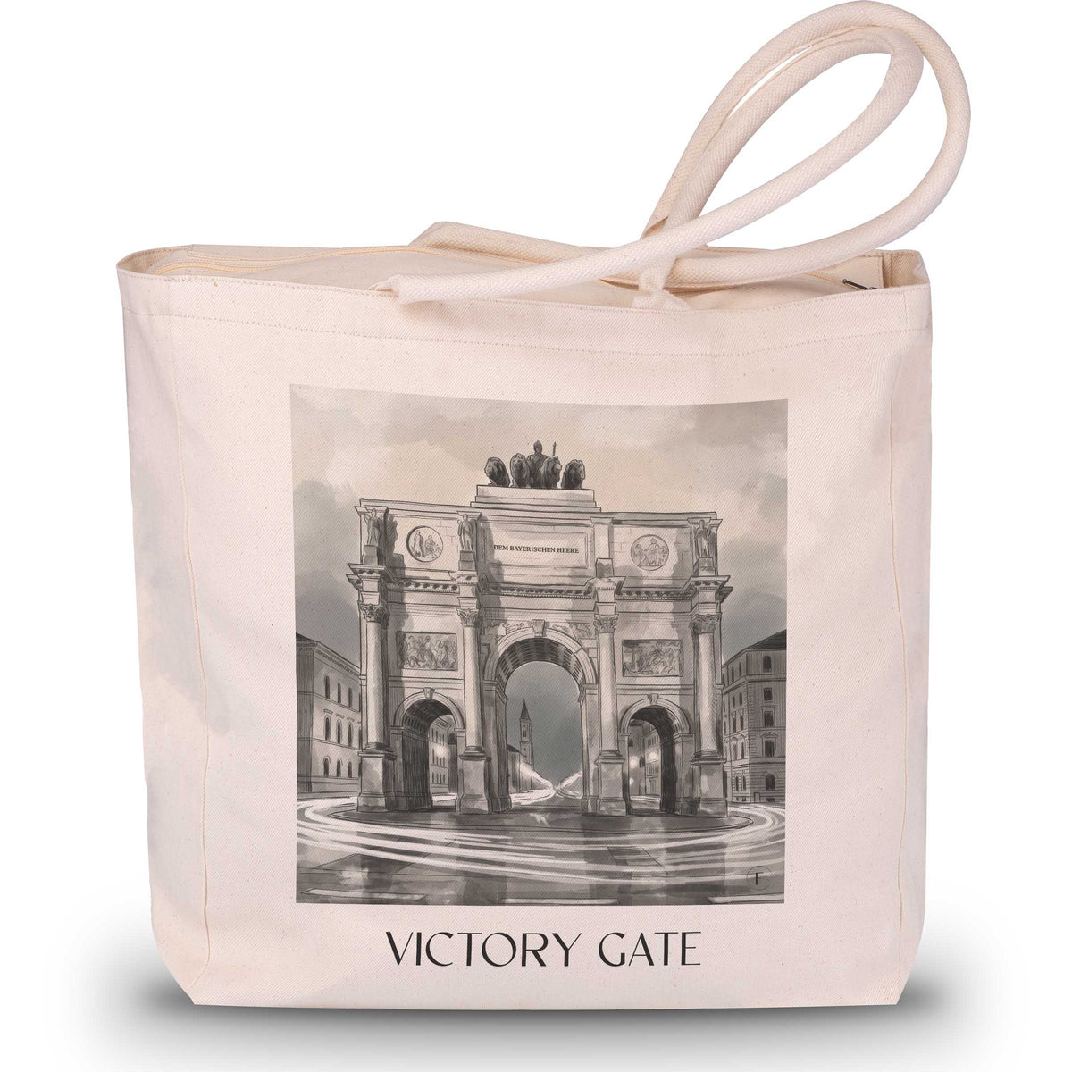 Siegestor Shopping Tasche - München - Deutschland Tote Bag - Einkaufstasche im Aquarell Schwarz-Weiß Stil - favplace