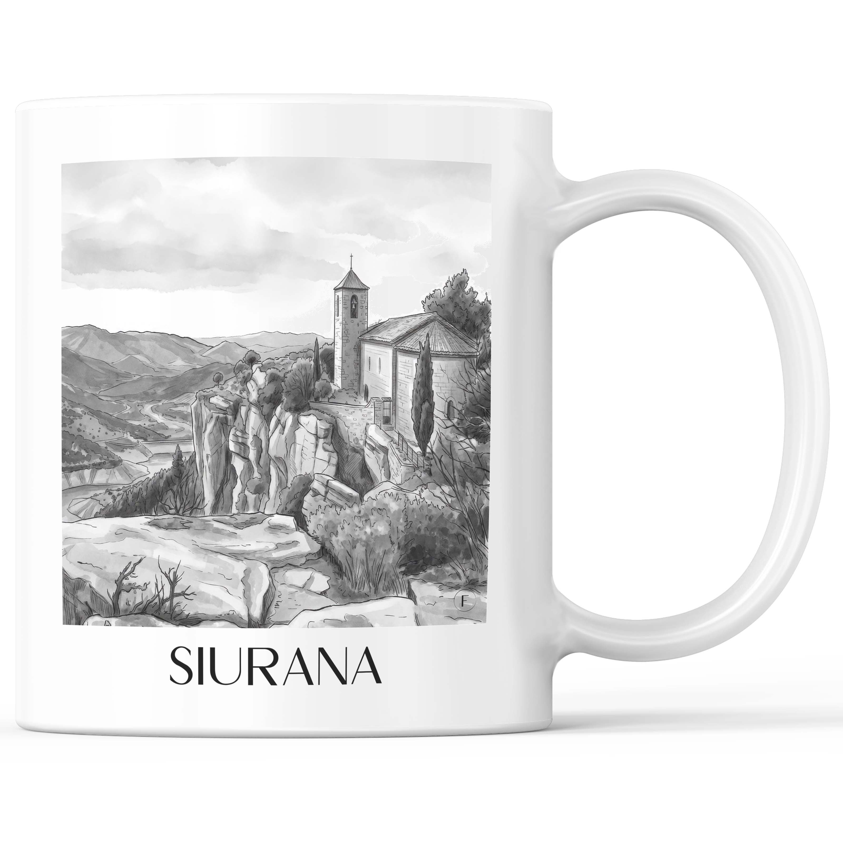 Siurana Kaffeebecher - Spanien - Spanien und Spanien Becher - Kaffeetasse im Aquarell Schwarz-Weiß Stil - favplace