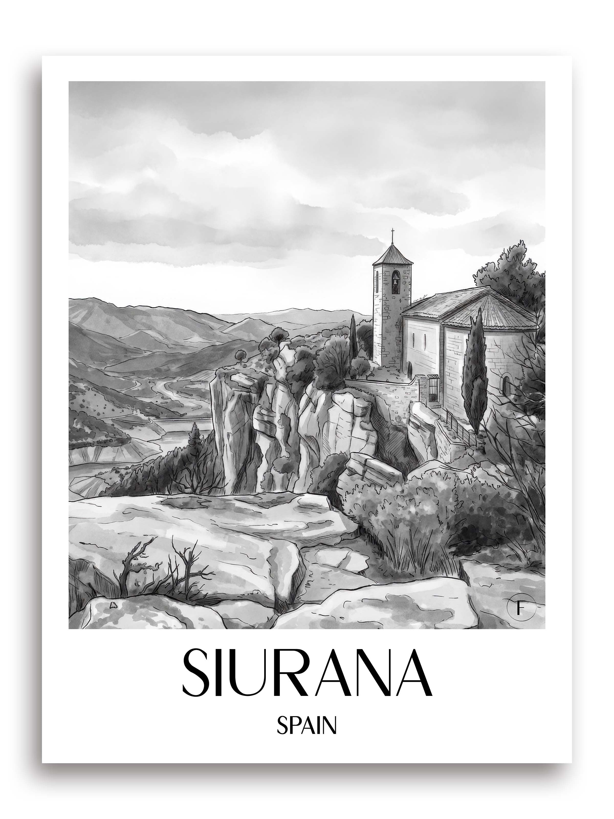 Siurana Poster - Spanien - Spanien und Spanien Kunstdruck - Aquarell Schwarz-Weiß von A4 bis A1 - favplace