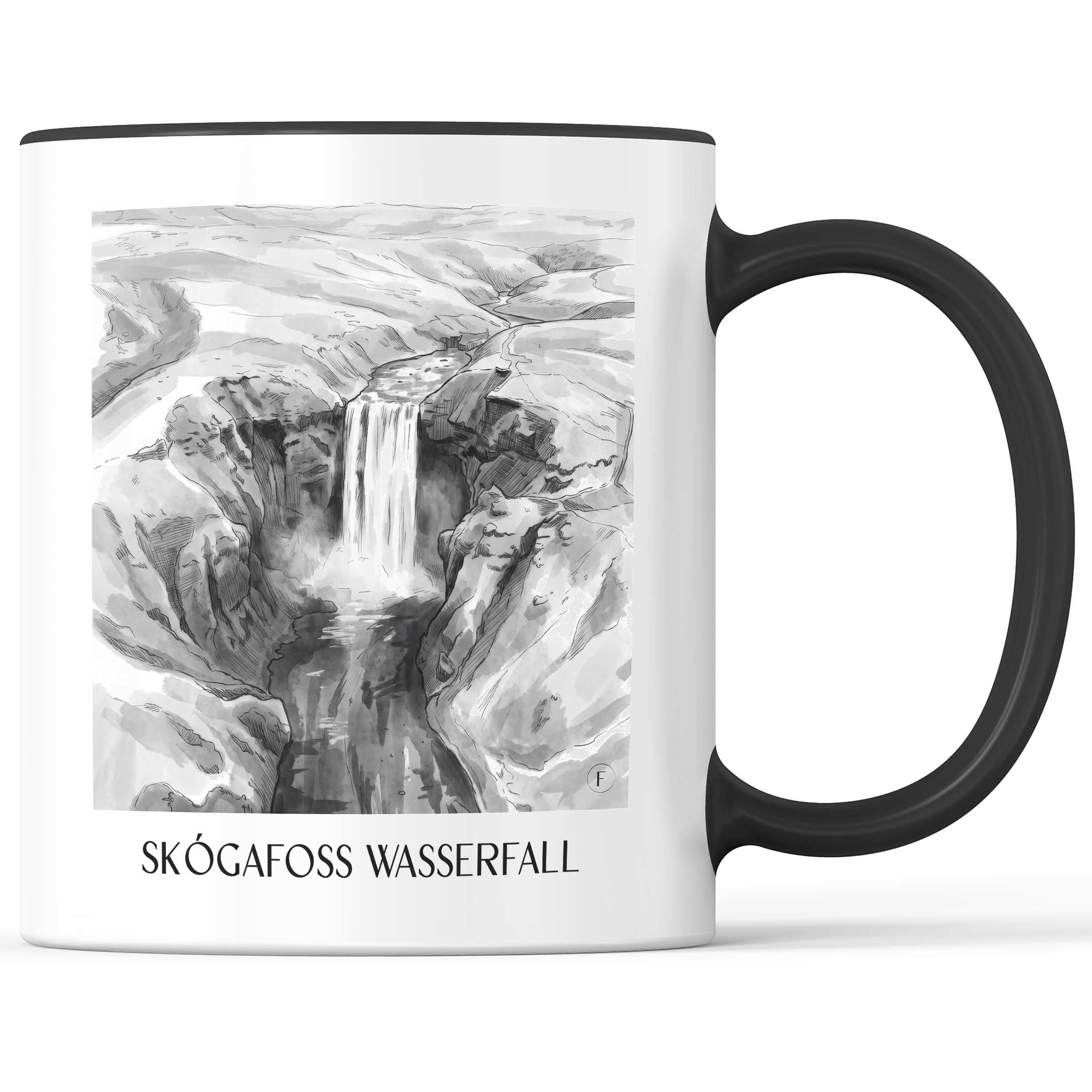 skógafoss-wasserfall-island-island-kaffeebecher-aquarell-schwarz-weiss