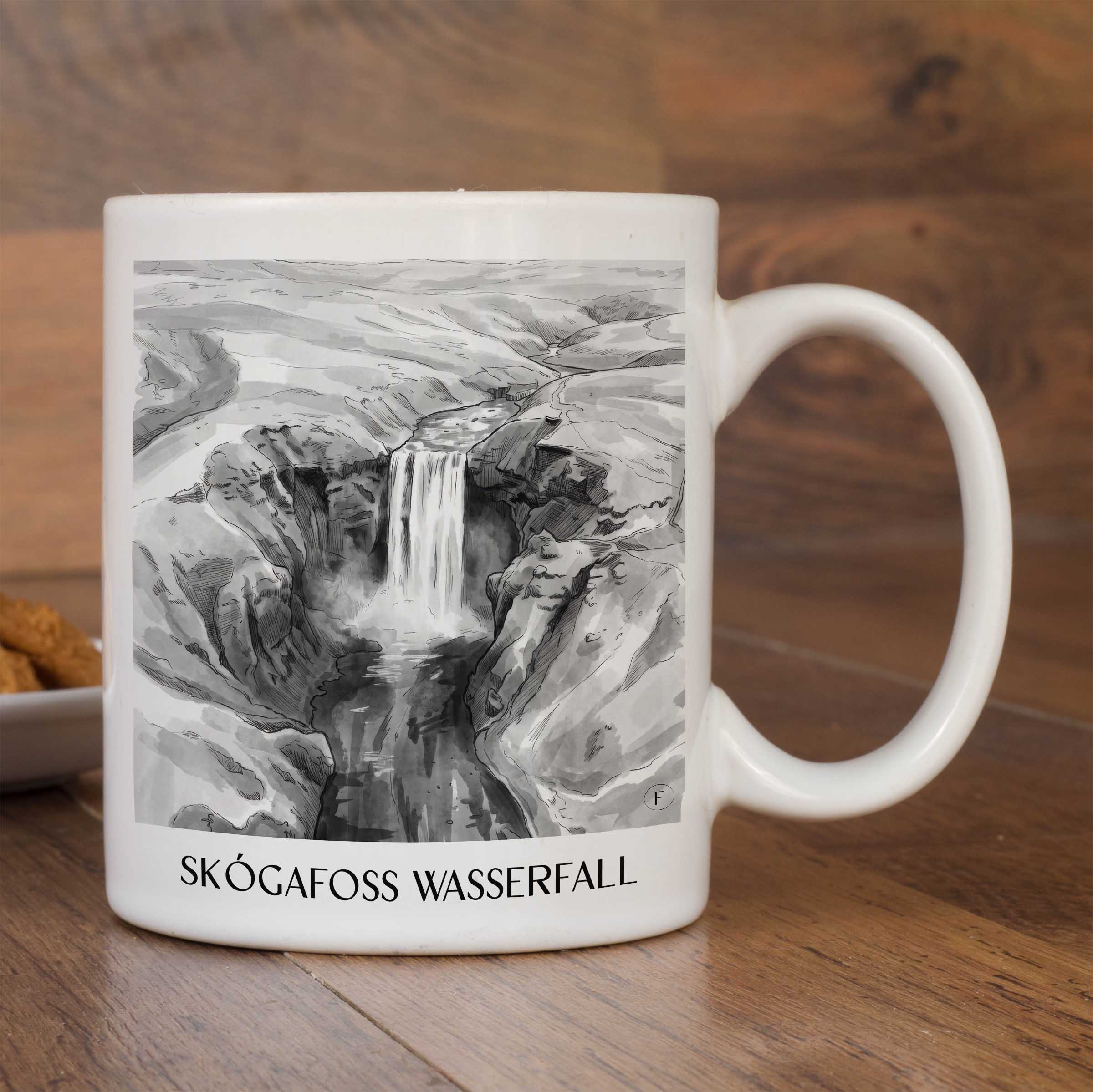 skógafoss-wasserfall-island-island-kaffeebecher-aquarell-schwarz-weiss