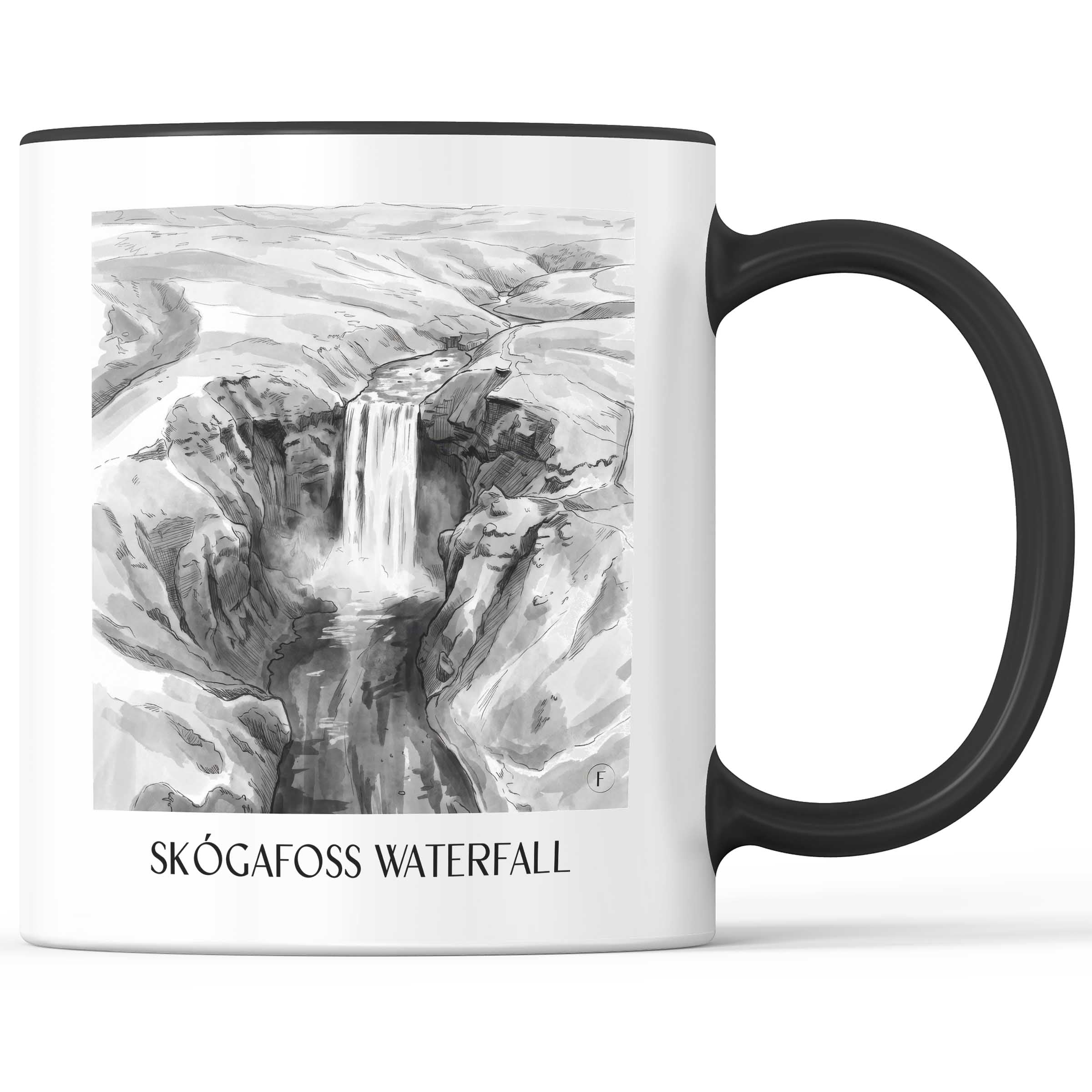 Skógafoss Wasserfall Kaffeebecher - Island - Island Becher - Kaffeetasse im Aquarell Schwarz-Weiß Stil - favplace